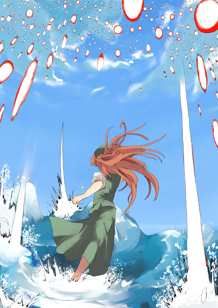 mie haru, mieharu, hong meiling, touhou, 1girl, back, battle, cloud, danmaku, day, female focus, hat, red hair, sky, solo, splashing, water, wind