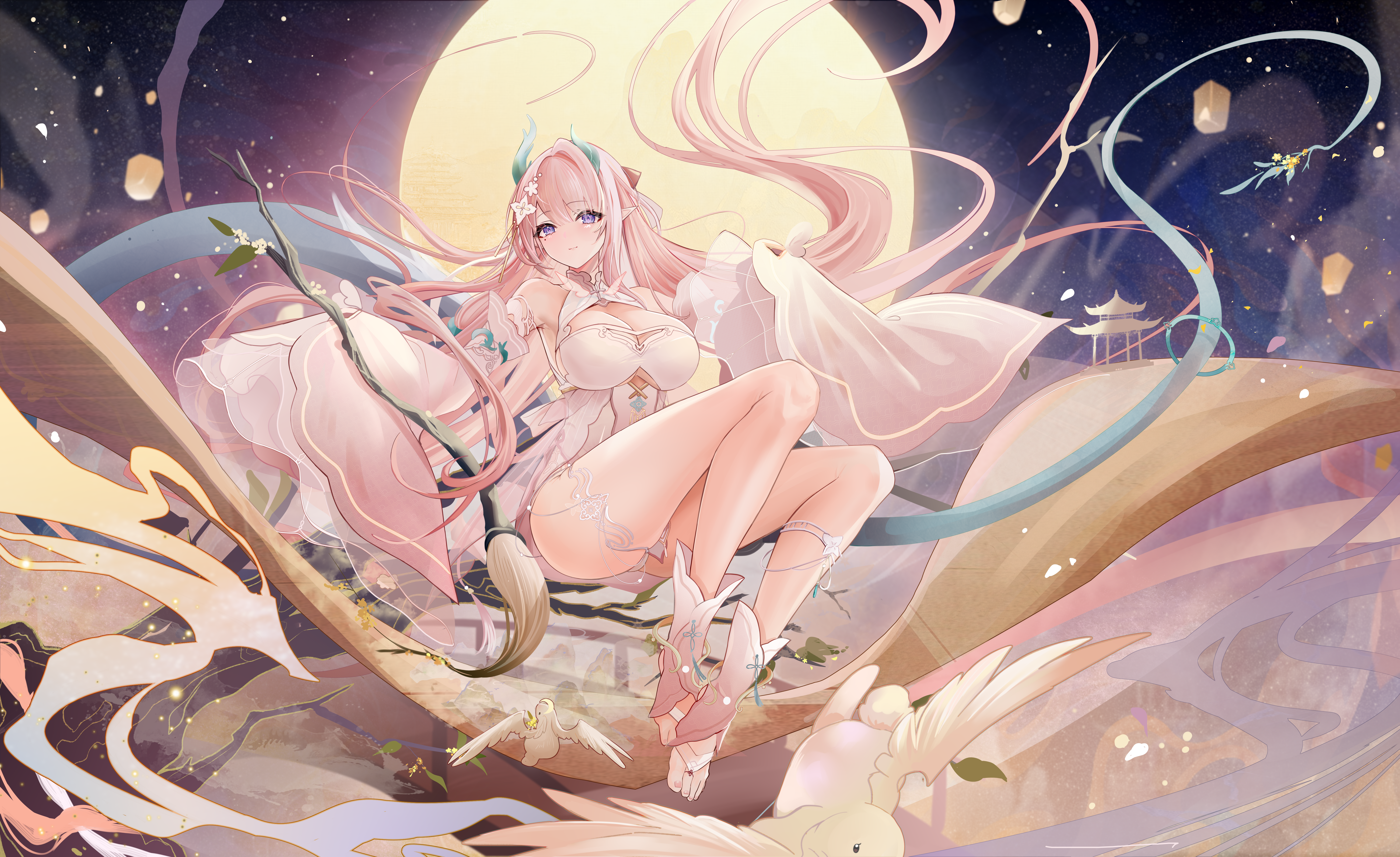 banchiyuebai, original, absurdres, commentary request, highres, 1girl, asymmetrical horns, bare shoulders, branch, breasts, cleavage, closed mouth, clothing cutout, detached sleeves, dragon girl, dragon horns, dragon tail, dress, floating hair, flower, full body, full moon, gold trim, gradient background, hair flower, hair ornament, hand up, horns, jewelry, lantern, large breasts, legs, light particles, light smile, long hair, long sleeves, looking ahead, mole, mole under eye, moon, moonlight, nail polish, night, night sky, paintbrush, paper lantern, pelvic curtain, pink dress, pink hair, pink nails, pointy ears, purple eyes, sky, sleeves past fingers, sleeves past wrists, solo, tail, thighlet, thighs, toenail polish, toenails, underboob, underboob cutout, very long hair, wide sleeves