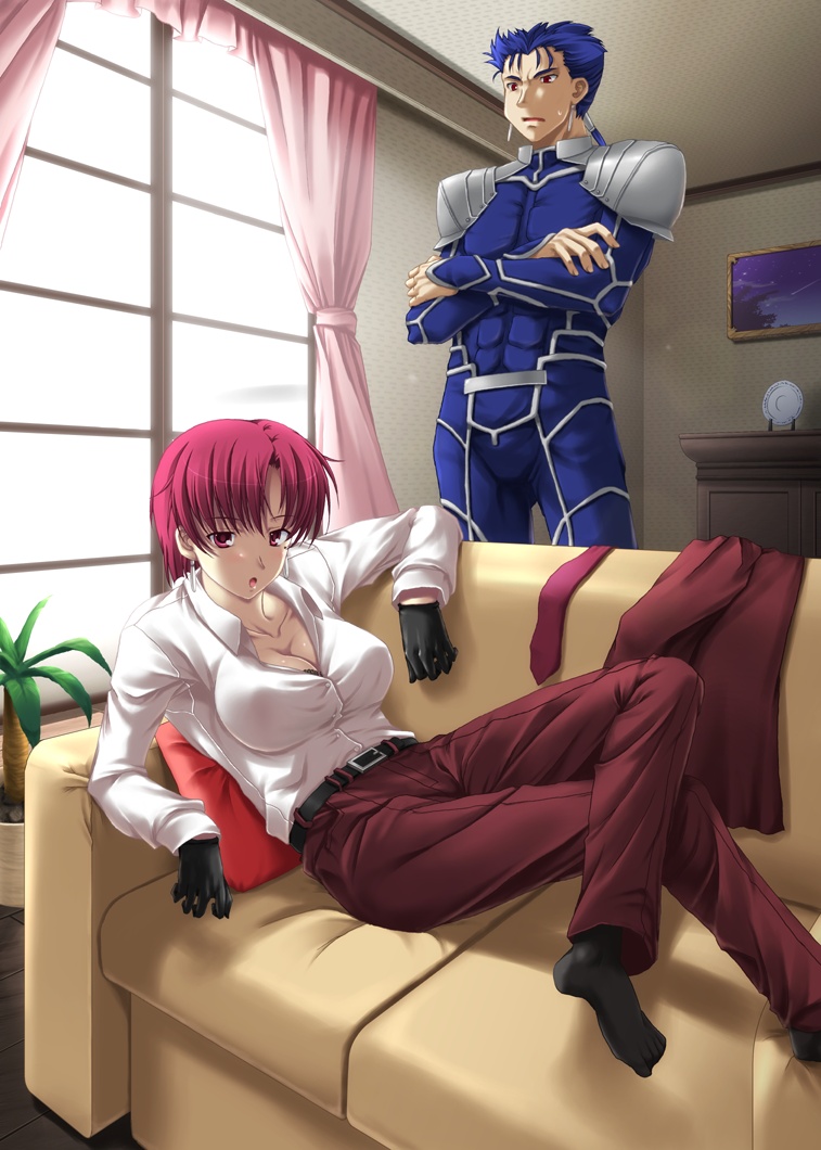 miyai sen, bazett fraga mcremitz, cu chulainn (fate), cu chulainn (fate/stay night), cu chulainn (lancer) (fate), fate/hollow ataraxia, fate/stay night, fate (series), type-moon, 00s, 1boy, 1girl, breasts, cleavage, formal clothes, large breasts, pant suit, pants, suit