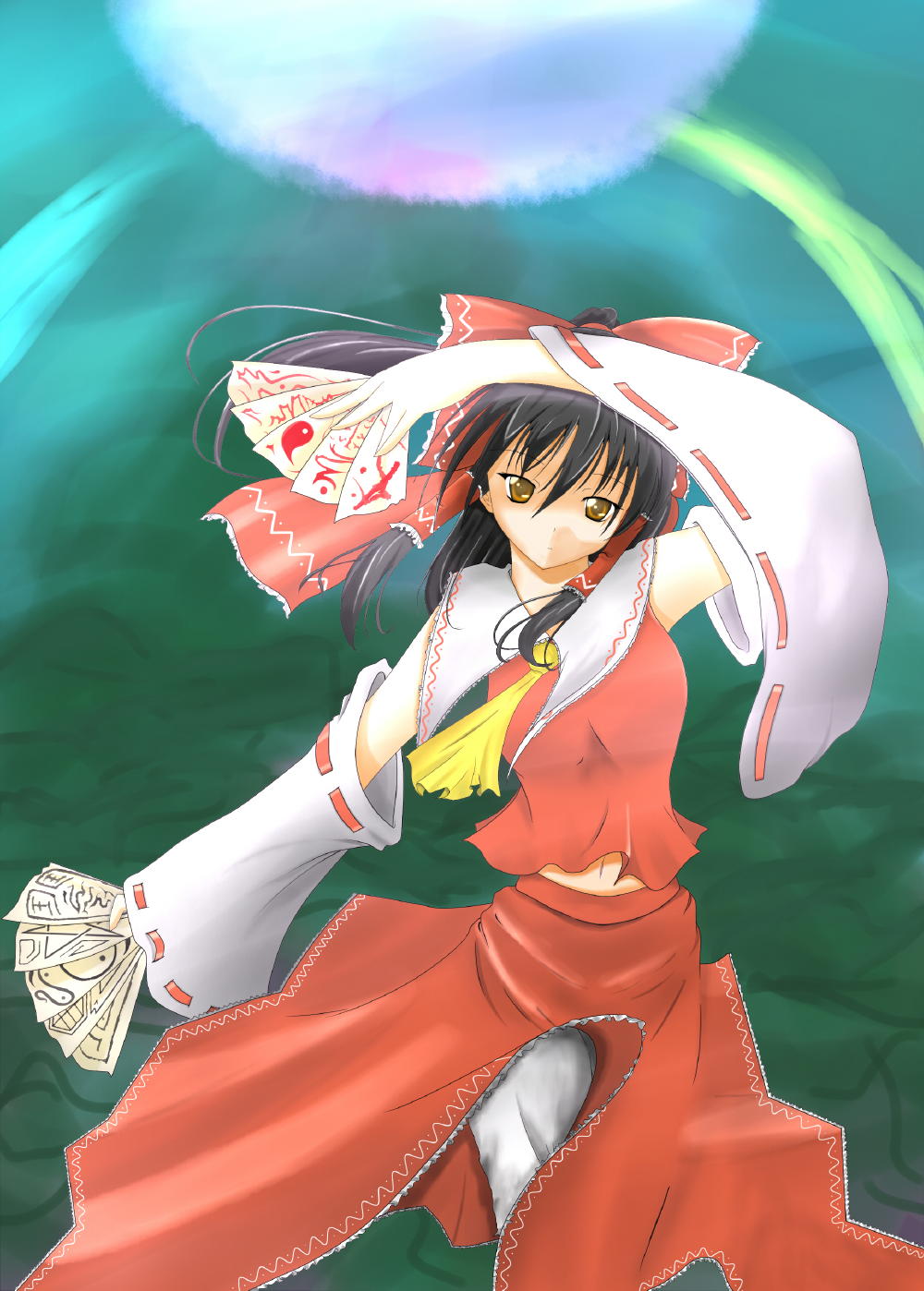 haku rin, shirosuzu, hakurei reimu, touhou, highres, 1girl, black hair, bloomers, bow, brown eyes, brown hair, detached sleeves, female focus, gradient background, hair bow, hand fan, japanese clothes, midriff, miko, ofuda, ponytail, skirt, solo, underwear