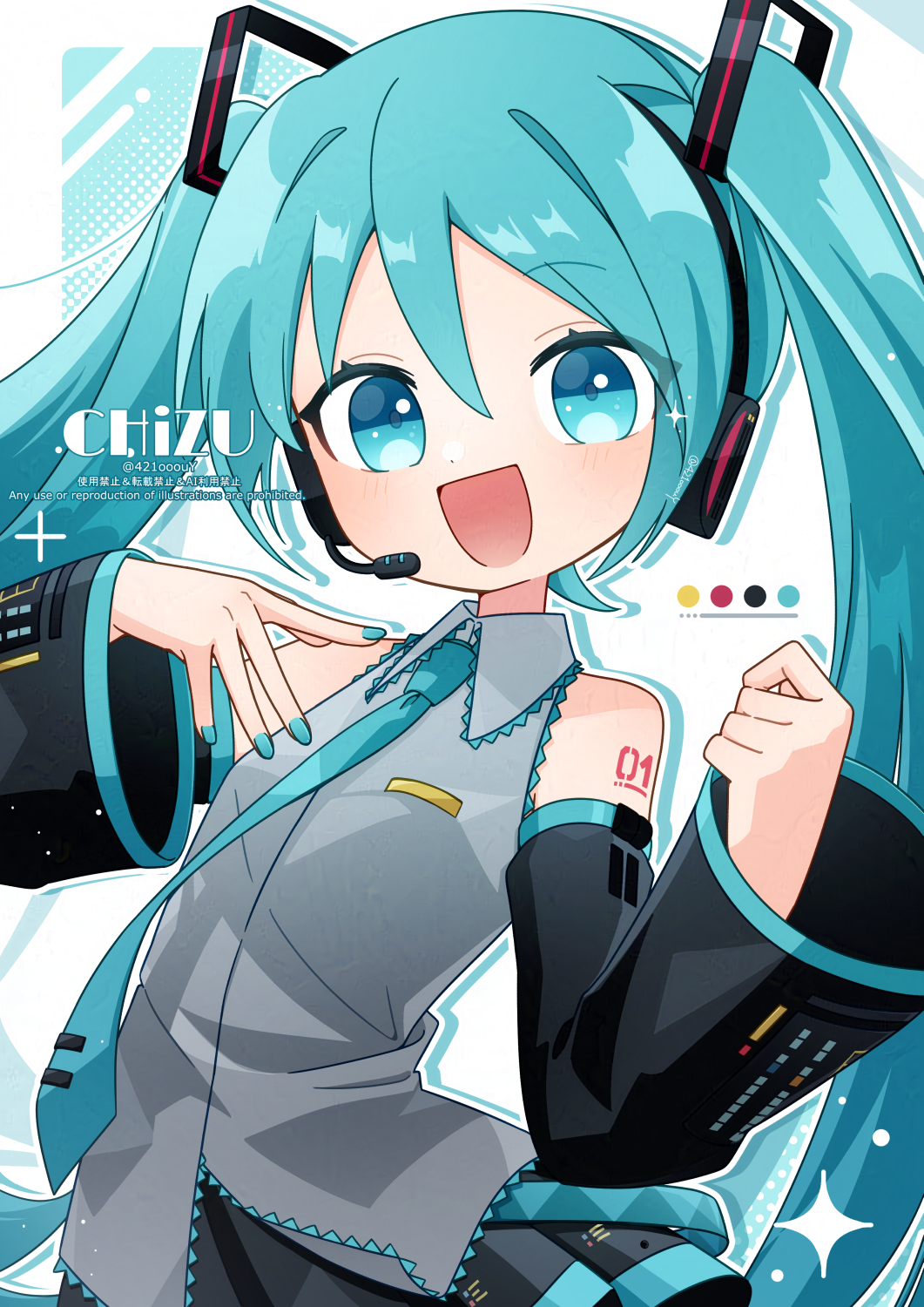 421ooouy, hatsune miku, vocaloid, commentary, highres, 1girl, :d, artist name, bare shoulders, black skirt, black sleeves, blue eyes, blue hair, blue nails, blue necktie, blush, collared shirt, detached sleeves, double-parted bangs, grey shirt, hair between eyes, hands up, headset, long hair, long sleeves, looking at viewer, miniskirt, nail polish, necktie, number tattoo, open mouth, pleated skirt, shirt, shoulder tattoo, skirt, sleeveless, sleeveless shirt, smile, solo, tattoo, twintails, upper body