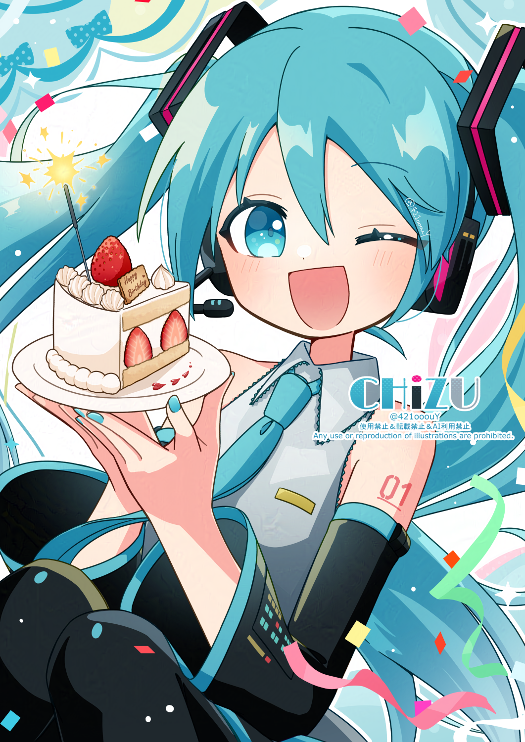 421ooouy, hatsune miku, vocaloid, commentary, highres, 1girl, ;d, artist name, bare shoulders, black sleeves, black thighhighs, blue eyes, blue hair, blue necktie, blush, cake, cake slice, collared shirt, detached sleeves, dot nose, double-parted bangs, feet out of frame, food, grey shirt, hair between eyes, headset, holding, holding plate, long hair, long sleeves, looking at viewer, necktie, number tattoo, one eye closed, open mouth, plate, shirt, shoulder tattoo, sleeveless, sleeveless shirt, smile, solo, tattoo, thighhighs, twintails