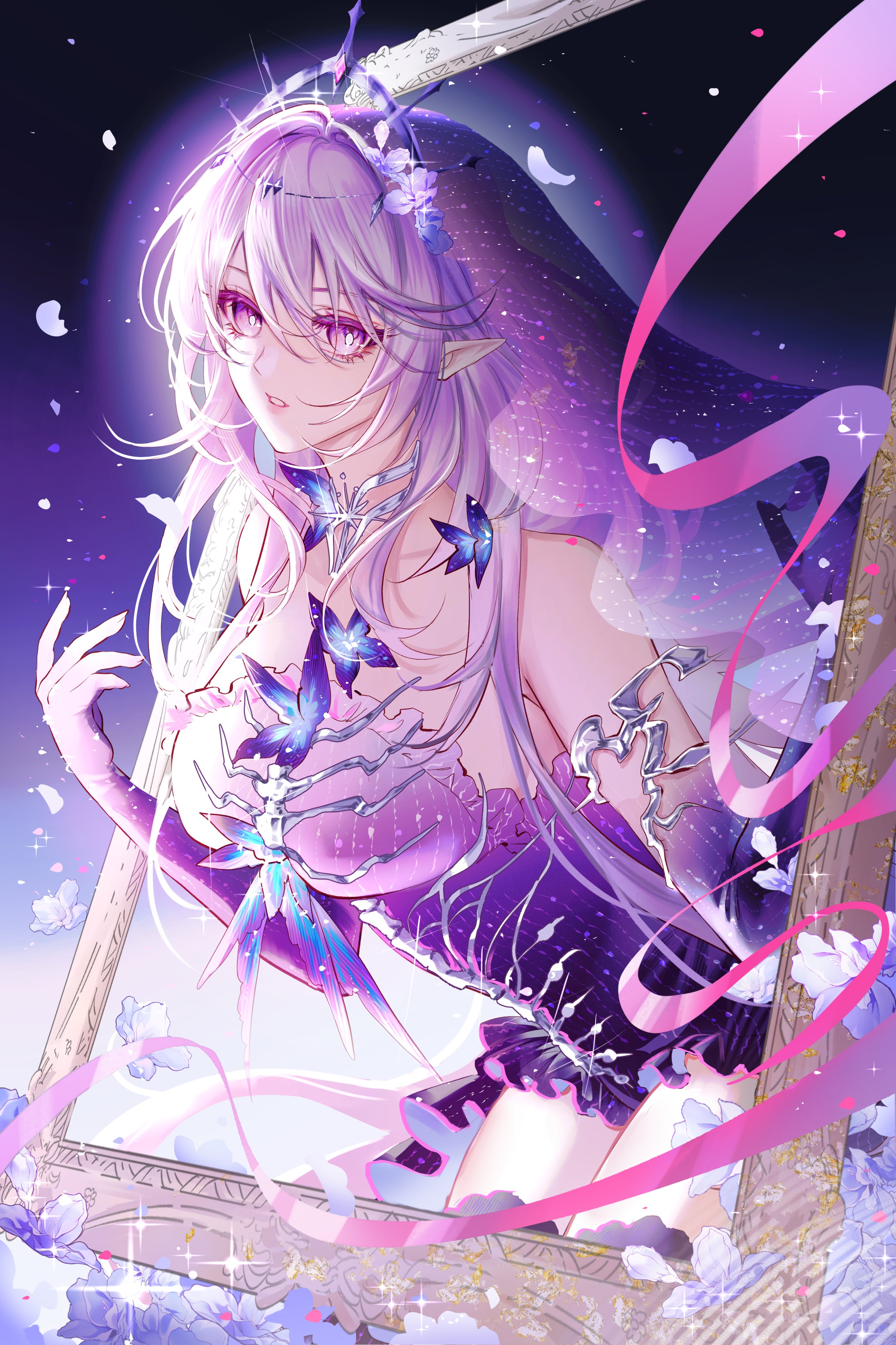 astercatto, castorice (honkai: star rail), honkai: star rail, honkai (series), absurdres, highres, 1girl, alternate costume, bare shoulders, blue butterfly, breasts, bright pupils, bug, butterfly, dress, elbow gloves, falling petals, flower, gloves, hand up, insect, large breasts, long hair, parted lips, petals, pointy ears, purple dress, purple eyes, purple gloves, purple hair, purple veil, solo, tiara, veil, white pupils
