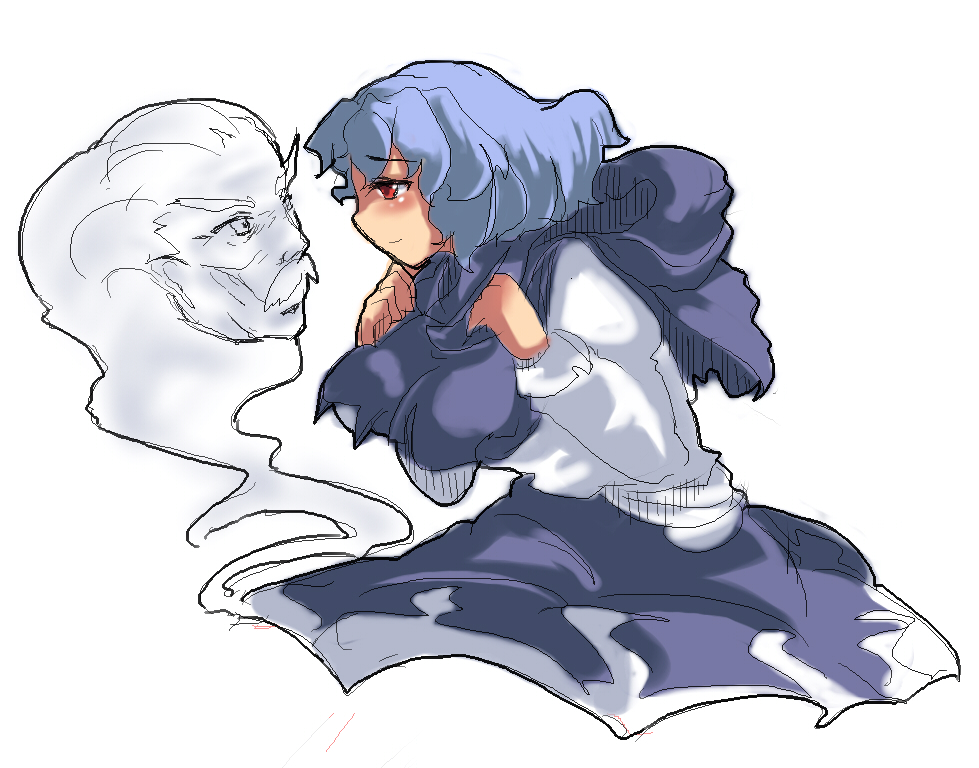 magukappu, kumoi ichirin, unzan, touhou, 1girl, blue hair, blush, female focus, hat, hetero, hood, hood down, red eyes, simple background, solo, unworn hat, unworn headwear, white background