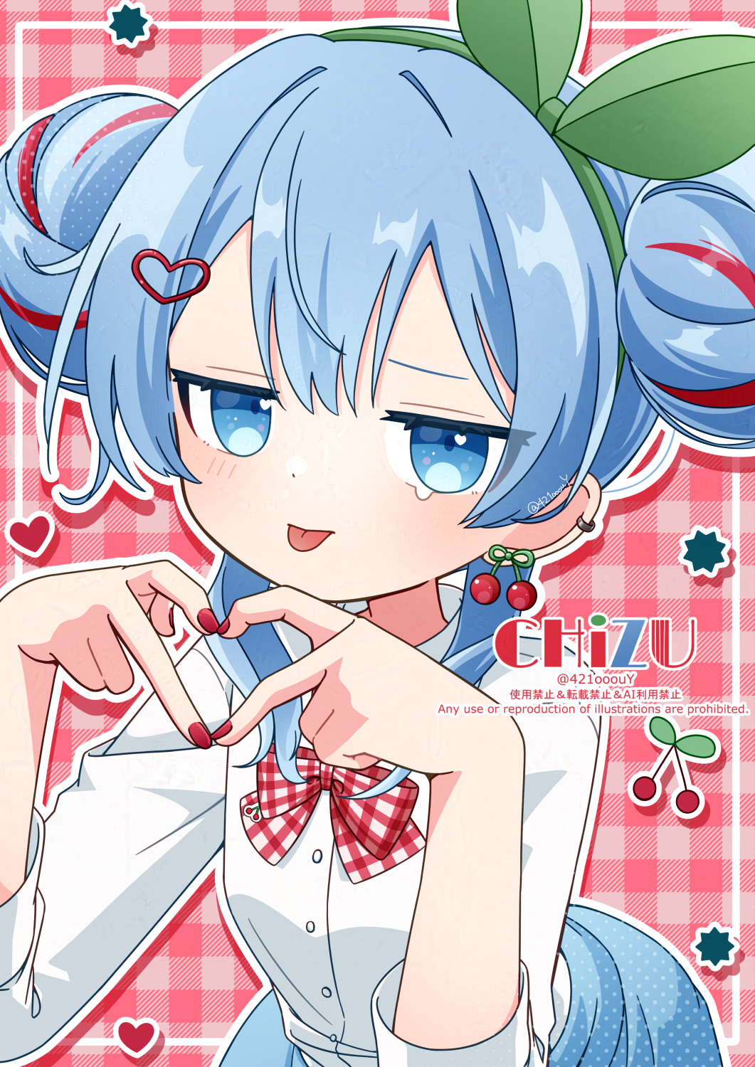 421ooouy, hatsune miku, cherry pop (vocaloid), vocaloid, commentary, highres, 1girl, artist name, blue eyes, blue hair, blush, bow, bow hairband, bowtie, buttons, cherry earrings, closed mouth, collared shirt, dot nose, double bun, drop shadow, ear piercing, earrings, food-themed earrings, food themed earrings, four-finger heart hands, gingham background, gingham bow, gingham bowtie, green hairband, hair bun, hairband, heart, heart hands, inset border, jewelry, long sleeves, looking at viewer, multicolored hair, outline, piercing, red background, red bow, red bowtie, red hair, shirt, short hair, solo, streaked hair, two-tone hair, upper body, watermark, white outline, white shirt