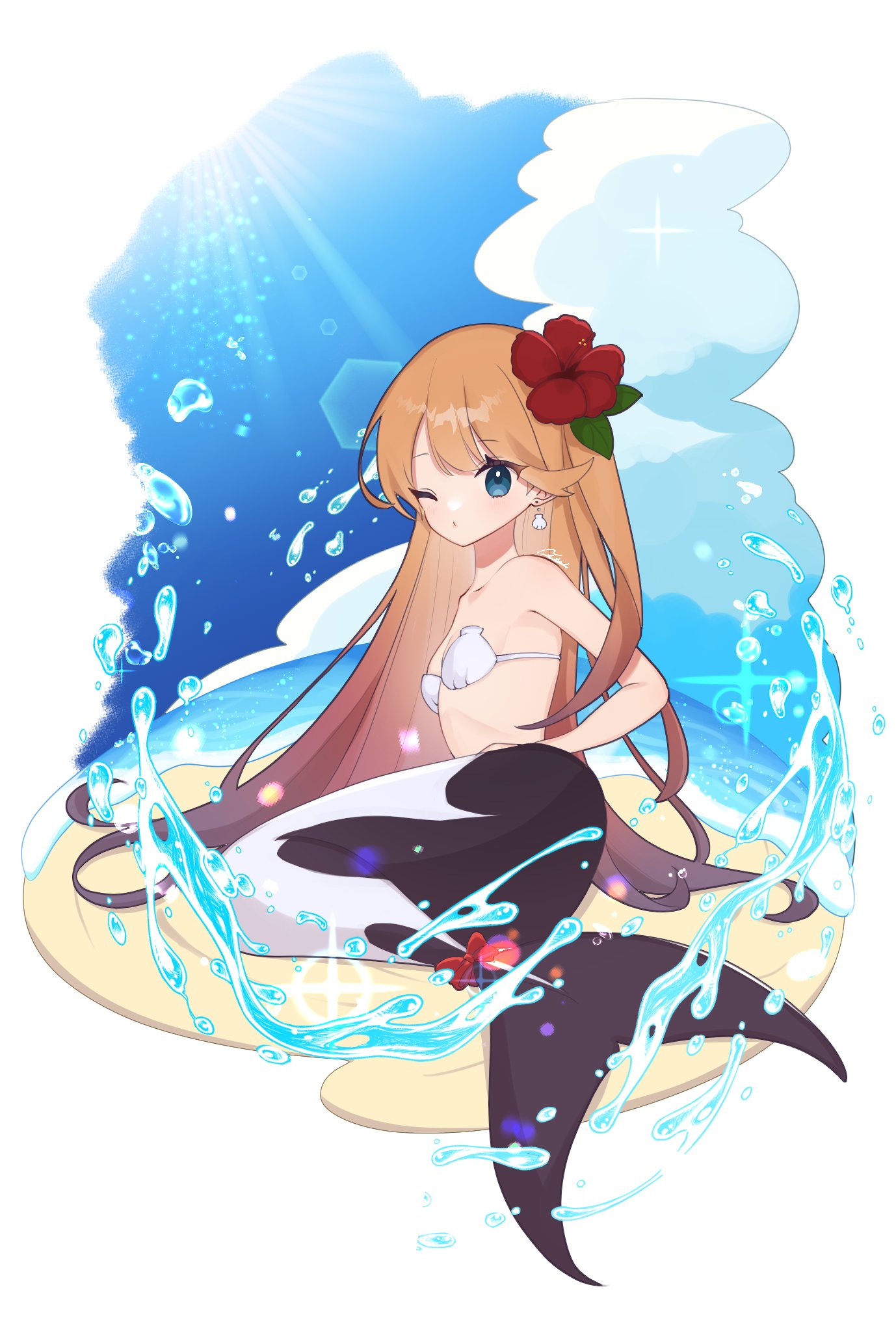 original, highres, 1girl, beach, bikini, blonde hair, blue eyes, cloud, earrings, flat chest, flower, hair flower, hair ornament, jewelry, lens flare, light rays, long hair, looking at viewer, lying, mermaid, monster girl, neruk0hasodatu, non-circular lens flare, on side, one eye closed, red flower, red ribbon, ribbon, shell, shell bikini, solo, splashing, swimsuit, water