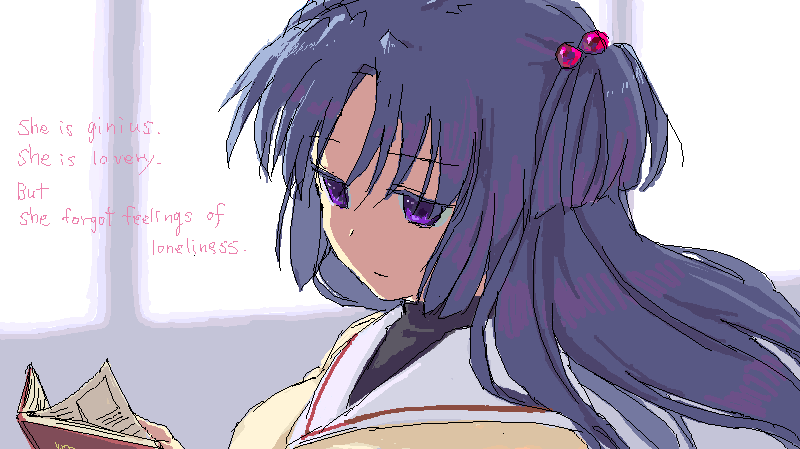 noco (adamas), ichinose kotomi, clannad, bad id, bad pixiv id, 00s, 1girl, blue hair, english text, engrish text, female focus, hair bobbles, hair ornament, long hair, oekaki, portrait, purple eyes, ranguage, school uniform, solo, twintails, two side up
