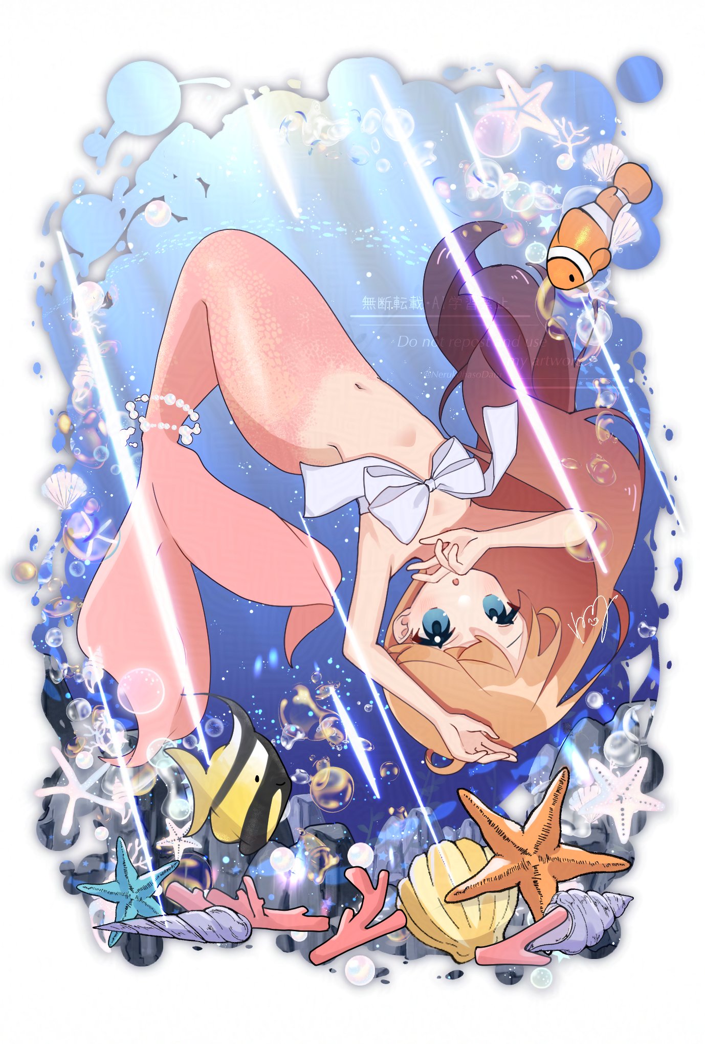 original, commentary, highres, 1girl, ahoge, arm up, blue eyes, bubble, clownfish, coral, fish, flat chest, gem, light rays, long hair, looking at viewer, navel, neruk0hasodatu, pearl (gemstone), pearl ring, pink tail, ribbon, ribbon as bra, seashell, shell, starfish, tail, tail ornament, tail ring, watermark, white ribbon
