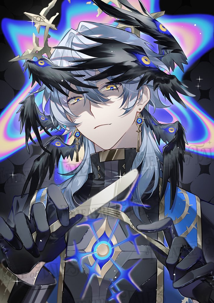 sovereignteam, sunday (honkai: star rail), honkai: star rail, honkai (series), commentary, english commentary, 1boy, alternate color, alternate costume, black gloves, black shirt, black wings, blue pupils, blurry, closed mouth, depth of field, earrings, eyes on wings, feathered wings, fork, gloves, gold earrings, gold trim, grey hair, hair between eyes, halo, halo behind head, hands up, head wings, holding, holding fork, holding knife, holding utensil, jewelry, knife, light smile, long sleeves, looking at viewer, male focus, medium hair, multiple wings, shirt, solo, spiked halo, stole, table knife, thorn print, turtleneck, turtleneck shirt, upper body, watermark, wings, yellow eyes