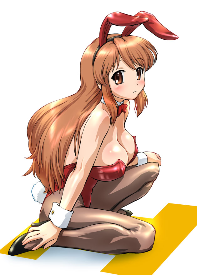 ueyama michirou, asahina mikuru, suzumiya haruhi no yuuutsu, 00s, 1girl, animal ears, bare shoulders, blush, bow, bowtie, breasts, brown eyes, brown hair, cleavage, cuffs, fake animal ears, female focus, full body, high heels, kneeling, large breasts, long hair, pantyhose, playboy bunny, rabbit ears, rabbit tail, shy, solo, tail, wrist cuffs