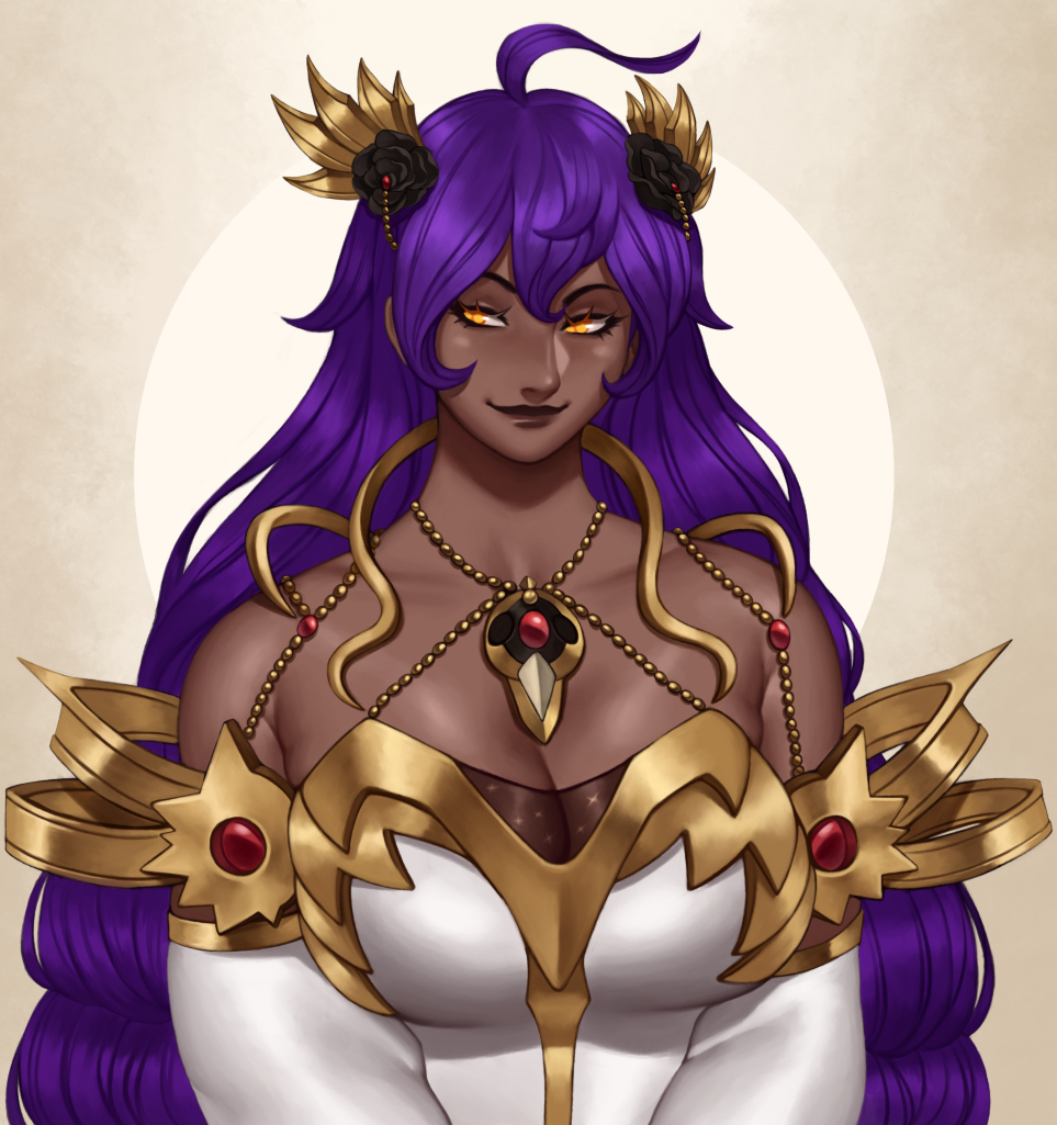 nire (nirefuster), original, commission, 1girl, breasts, cleavage, dark-skinned female, dark skin, dress, eyebrows hidden by hair, gold trim, hair ornament, jewelry, large breasts, light smile, looking at viewer, pendant, purple hair, simple background, solo, upper body, white dress, yellow eyes