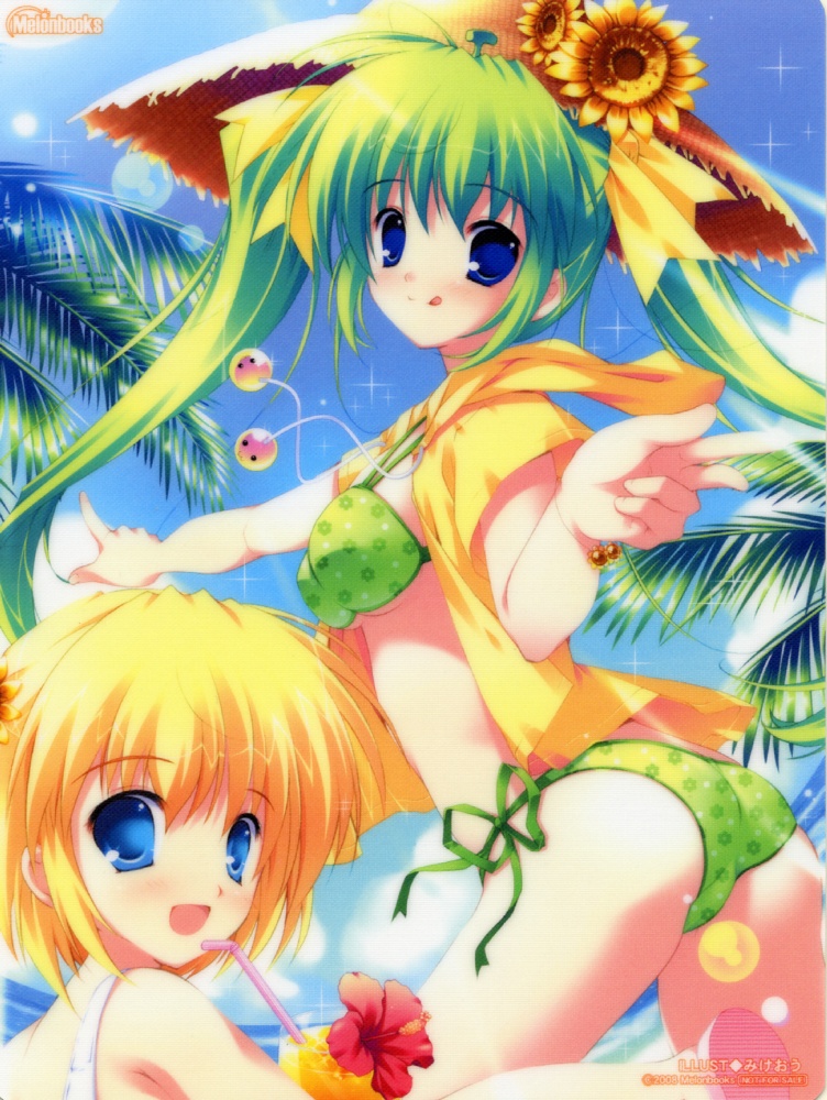 mikeou, lemon-chan, melon-chan, melonbooks, non-web source, 2girls, :p, ass, bikini, blonde hair, blue eyes, blush, day, flower, green bikini, green hair, hat, hibiscus, hood, hoodie, lens flare, long hair, looking back, multiple girls, open clothes, open shirt, shirt, short hair, side-tie bikini bottom, straw hat, sunflower, swimsuit, tongue, tongue out, twintails, very long hair