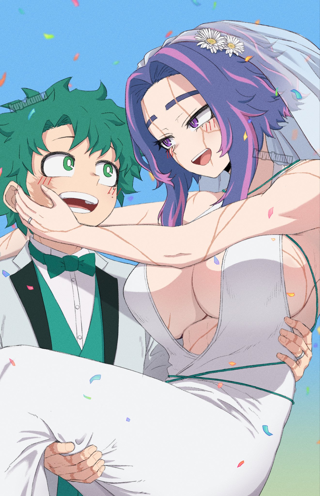 dotoyazuki, lady nagant, midoriya izuku, boku no hero academia, commentary, english commentary, highres, 1boy, 1girl, artist name, blue background, blush, bow, bowtie, breasts, bridal veil, bride, bright pupils, carrying, confetti, dress, eyebrow cut, formal clothes, gradient background, green bow, green bowtie, green vest, groom, hand on another's back, hand on another's face, hand on another's leg, jewelry, large breasts, looking at another, male focus, multicolored hair, princess carry, purple hair, ring, scar, scar across eye, scar on arm, scar on face, scar on hand, shirt, smile, suit, two-tone hair, veil, vest, wedding dress, wedding ring, white pupils, white shirt, white suit