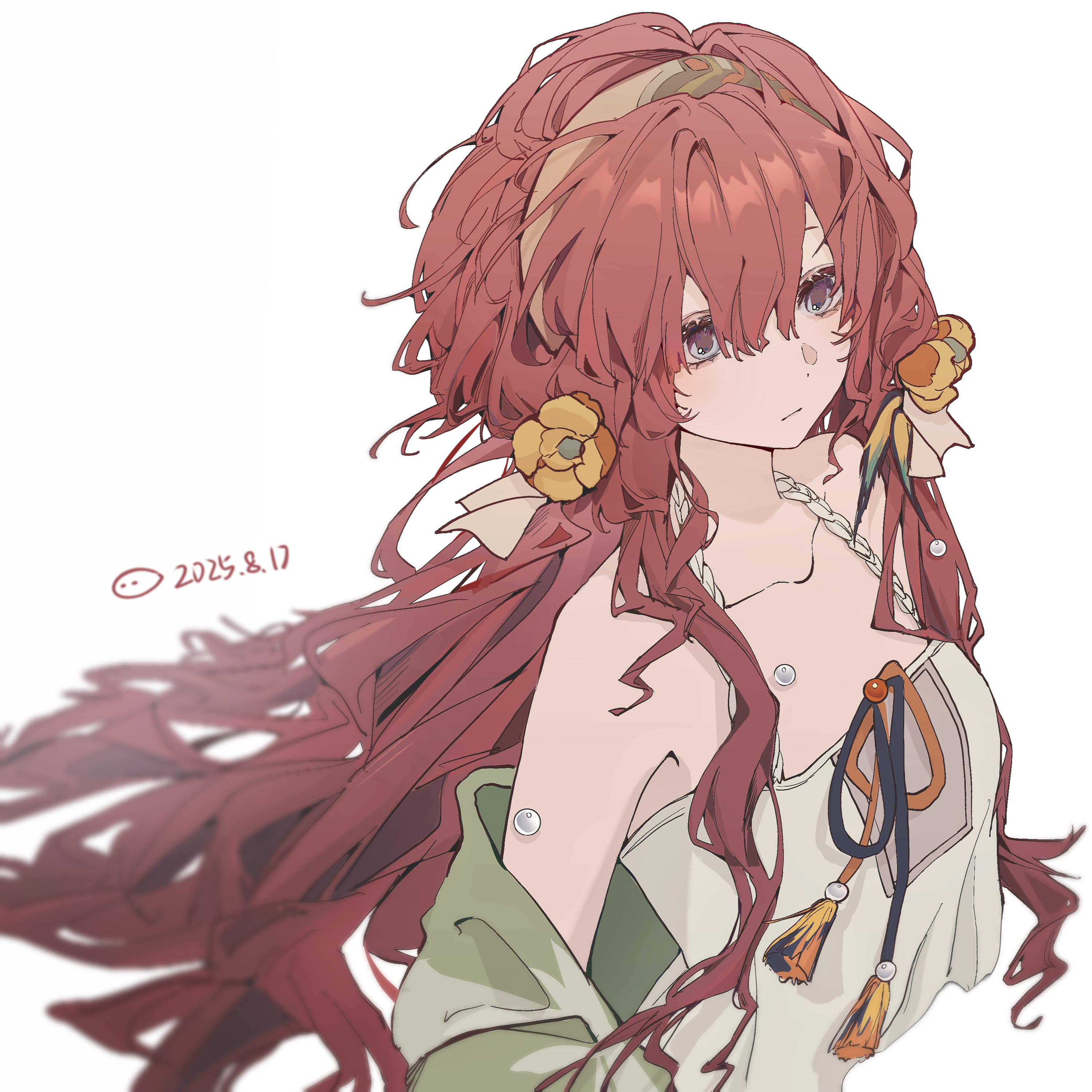 yenisei (around the riverbend) (reverse:1999), yenisei (reverse:1999), reverse:1999, absurdres, highres, 1girl, bare shoulders, blue eyes, capelet, cropped torso, dated, dress, flower, green capelet, green hairband, hair flower, hair ornament, hairband, long hair, official alternate costume, red hair, sleeveless, sleeveless dress, solo, spaghetti strap, upper body, white background, white dress, yellow flower, yiyi jiang si le
