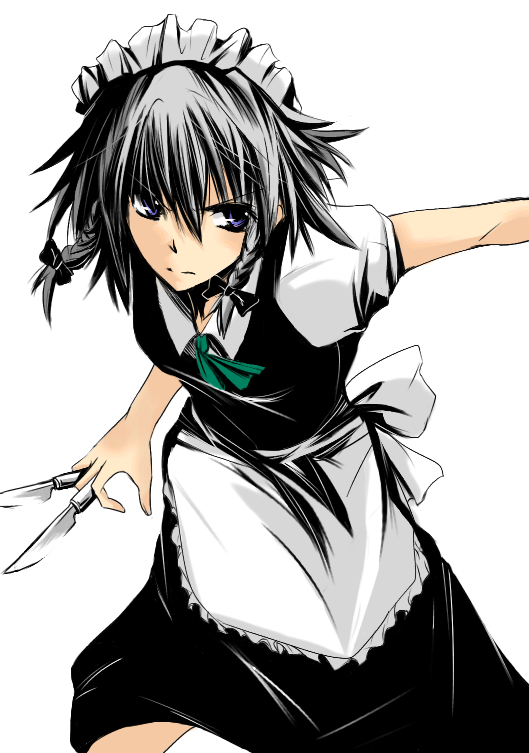 babel, babel99, izayoi sakuya, touhou, silver hair, 1girl, braid, female focus, knife, maid, short hair, solo, throwing knife, twin braids, weapon