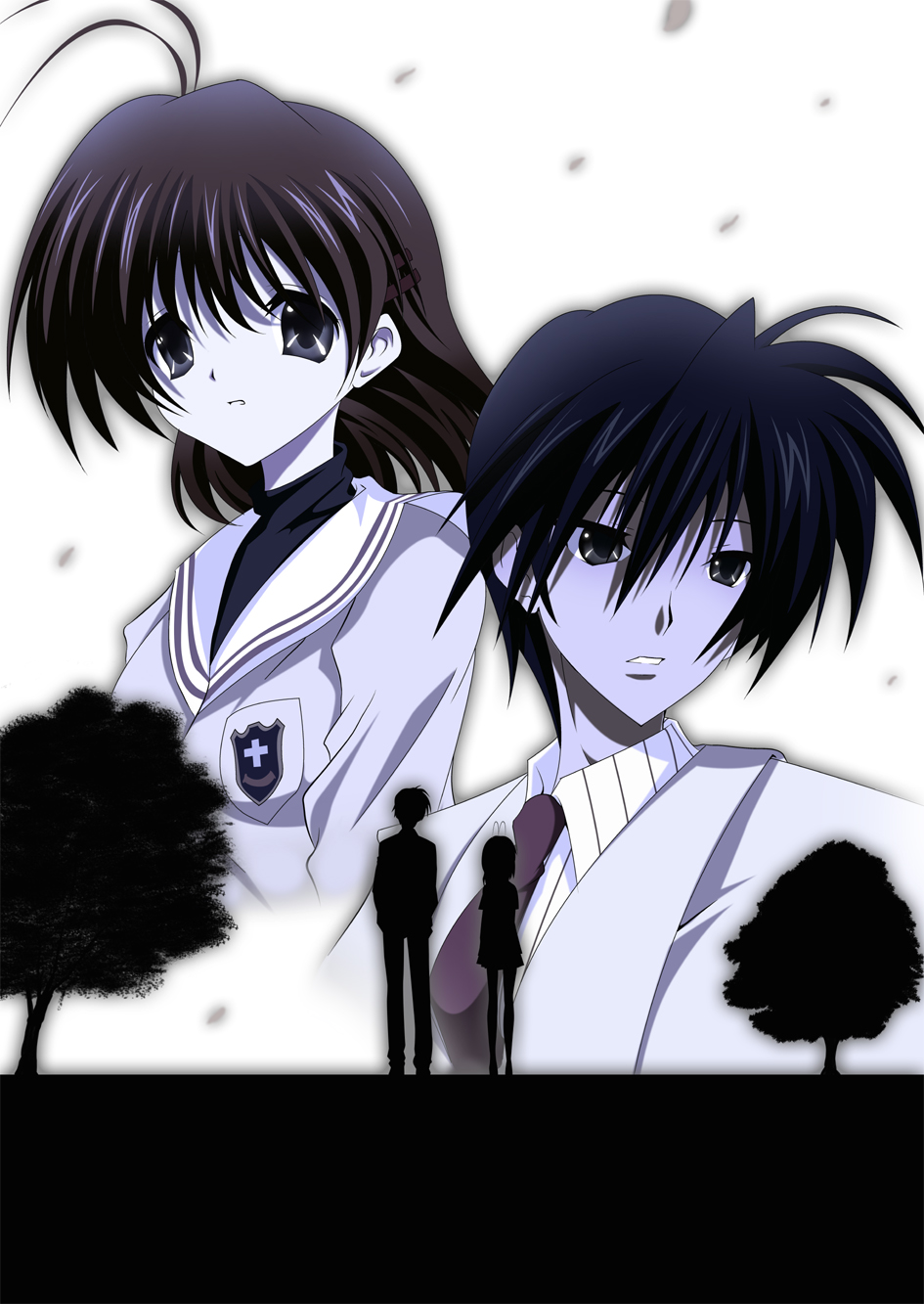 yukiomi haku, furukawa nagisa, okazaki tomoya, clannad, bad id, bad pixiv id, highres, 00s, 1boy, 1girl, antenna hair, blue theme, monochrome, school uniform, short hair