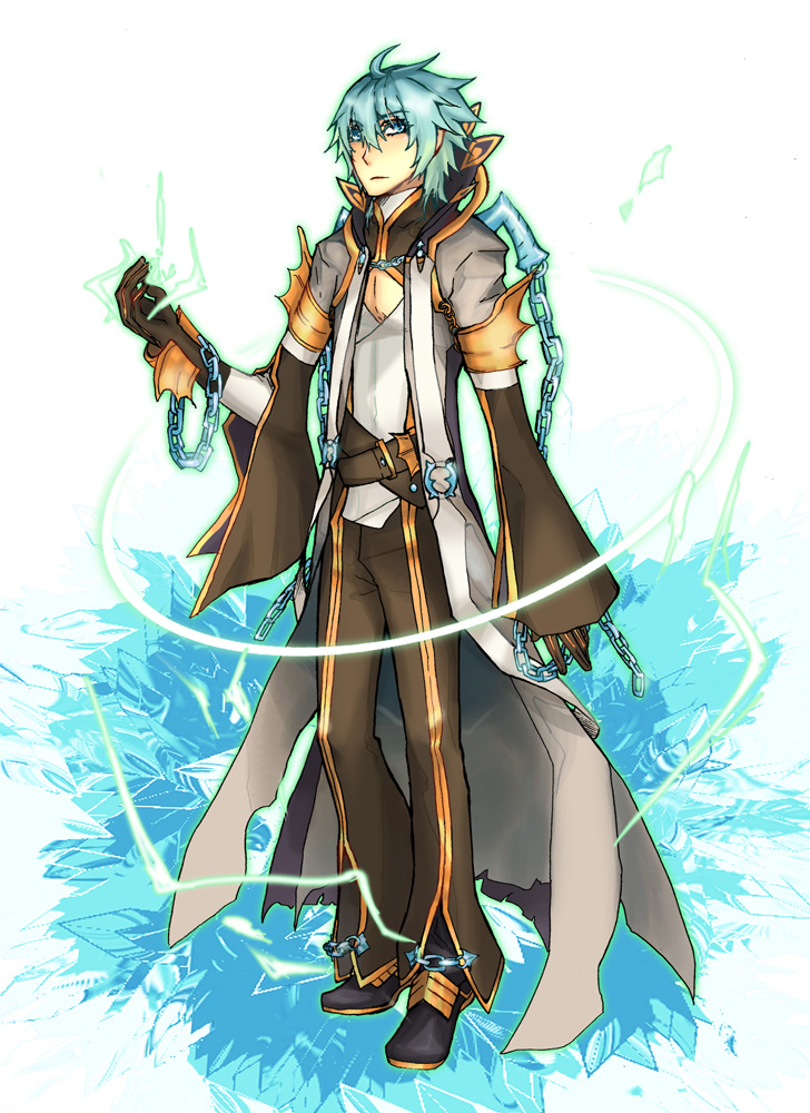 warlock (ragnarok online), ragnarok online, commentary request, 1boy, ahoge, black gloves, black pants, black shoes, blue eyes, blue hair, chain, closed mouth, coat, electricity, electrokinesis, expressionless, full body, gloves, gold trim, grey coat, looking at viewer, magic, male focus, masago (abyss child), open clothes, open coat, pants, shirt, shoes, solo, standing, white background, white shirt