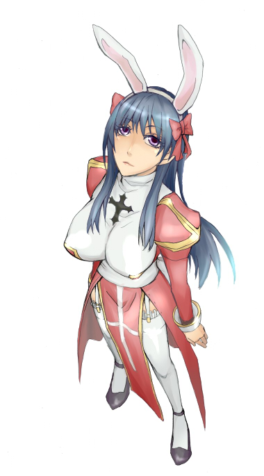 high priest (ragnarok online), ragnarok online, commentary request, 1girl, animal ears, black shoes, blue hair, bow, breasts, closed mouth, dress, expressionless, fake animal ears, frilled thighhighs, frills, from above, full body, garter straps, hair bow, impossible clothes, impossible dress, juliet sleeves, large breasts, long hair, long sleeves, looking at viewer, masago (abyss child), puffy sleeves, purple eyes, rabbit ears, red bow, red dress, sash, shoes, simple background, solo, thighhighs, two-tone dress, white background, white dress, white sash, white thighhighs