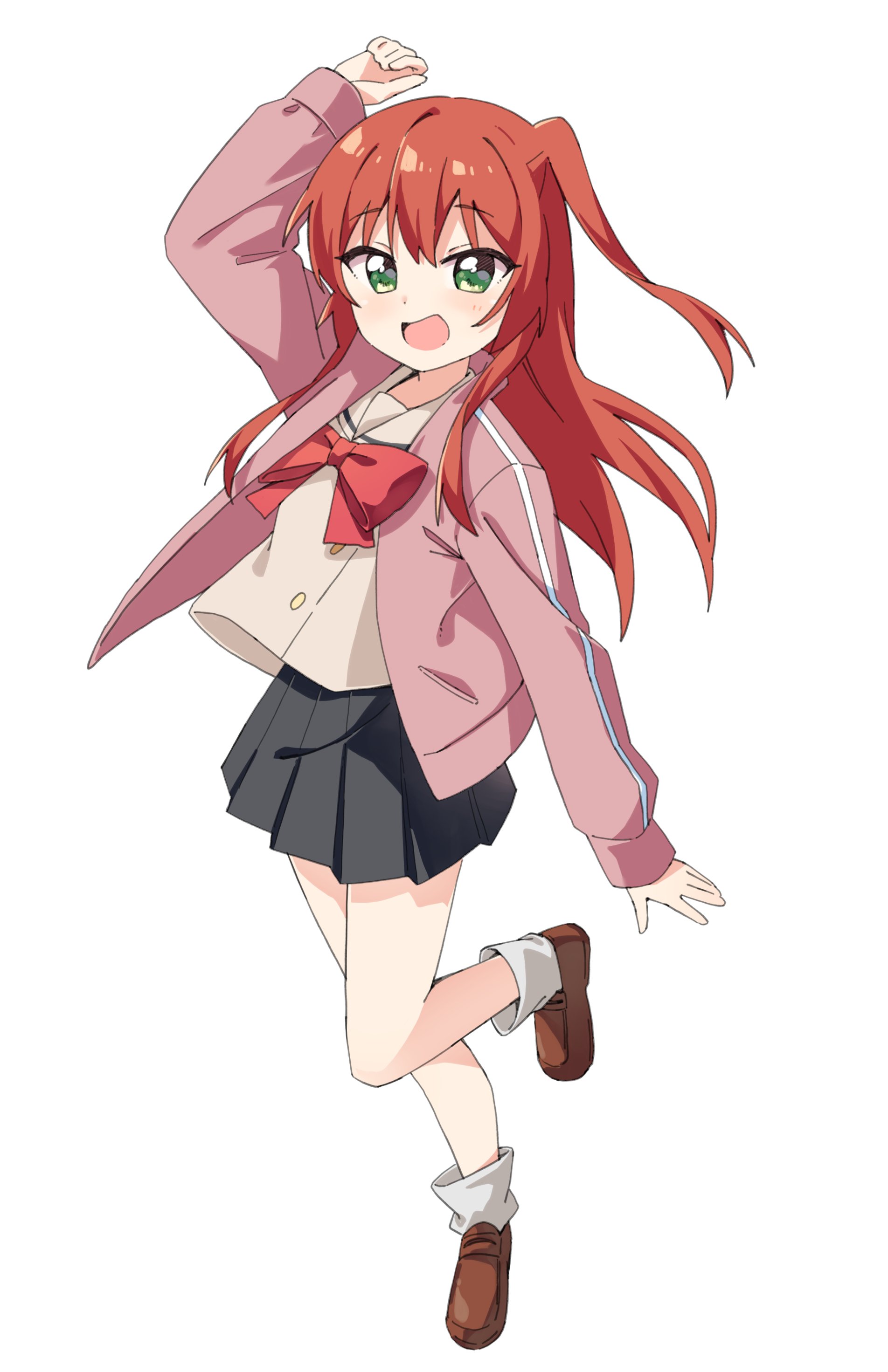 haru (konomi 150), kita ikuyo, bocchi the rock!, absurdres, commentary, highres, 1girl, :d, arm up, black skirt, blush, bow, bowtie, brown sailor collar, brown shirt, brown shoes, buttons, dot nose, double-breasted, full body, green eyes, jacket, loafers, long hair, long sleeves, looking at viewer, one side up, open clothes, open jacket, open mouth, pink jacket, pleated skirt, red bow, red bowtie, red hair, sailor collar, school uniform, shirt, shoes, shuka high school uniform, simple background, skirt, smile, socks, solo, standing, standing on one leg, white background, white socks