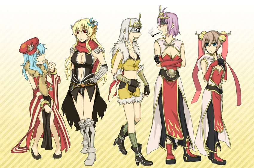 assassin cross (ragnarok online), champion (ragnarok online), professor (ragnarok online), sniper (ragnarok online), ragnarok online, commentary request, 5girls, animal, animal around neck, armor, armored boots, bell, black gloves, black leotard, black pants, black shoes, black shorts, blindfold, blonde hair, blue eyes, blue hair, blush, boots, breasts, brown hair, cleavage, closed mouth, coat, crown, detached sleeves, dress, elbow gloves, expressionless, eye print, fingerless gloves, fox, full body, fur-trimmed gloves, fur-trimmed shirt, fur-trimmed shorts, fur trim, gloves, gold trim, grey hair, hair bell, hair ornament, hat, jingle bell, large breasts, leaf in mouth, leotard, long hair, looking at another, looking to the side, masago (abyss child), medium breasts, midriff, multiple girls, navel, open mouth, pants, pauldrons, pelvic curtain, purple hair, red dress, red eyes, red gloves, red hat, revealing clothes, shirt, shoes, short hair, shorts, shoulder armor, sideways hat, sleeveless, sleeveless coat, sleeveless dress, sleeveless shirt, small breasts, smoking pipe, standing, striped background, striped sleeves, two-tone gloves, two-tone shorts, vambraces, white coat, yellow background, yellow shirt, yellow shorts, yellow sleeves