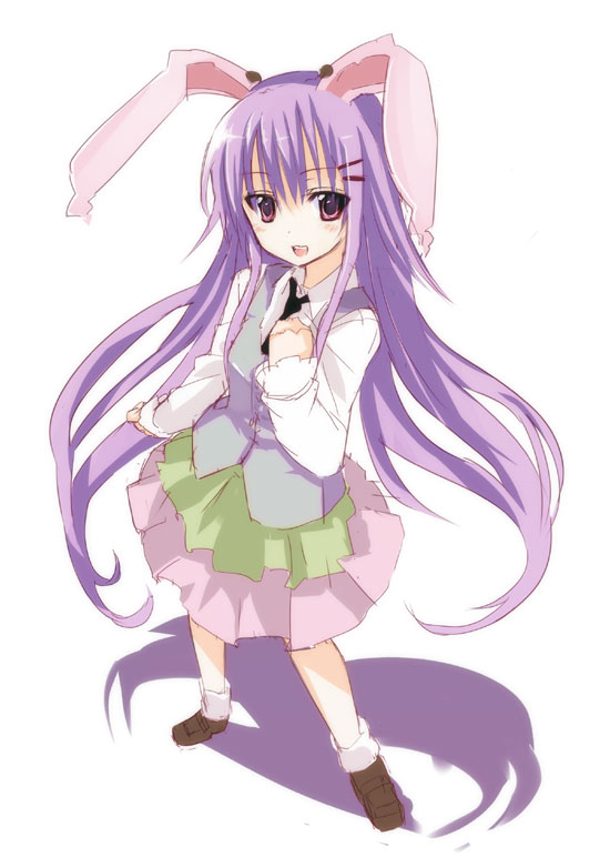 reisen udongein inaba, touhou, 1girl, alternate costume, animal ears, black necktie, female focus, long hair, necktie, purple hair, rabbit ears, skirt, smile, solo, vest