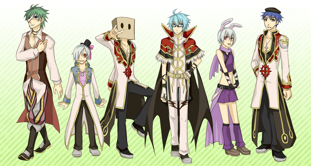assassin (ragnarok online), clown (ragnarok online), high priest (ragnarok online), high wizard (ragnarok online), ragnarok online, commentary request, 6+boys, animal ears, bag, bag on head, baggy pants, beret, black-framed eyewear, black boots, black coat, black gloves, black hat, black pants, black shoes, blue coat, blue hair, boots, brown vest, capelet, closed mouth, coat, collared shirt, crop top, cross, cross necklace, cross of prontera, expressionless, fake animal ears, fingerless gloves, full body, fur-trimmed capelet, fur trim, glasses, gloves, gold trim, green background, green hair, grey hair, hair over one eye, hat, jewelry, long sleeves, looking at viewer, male focus, masago (abyss child), mask, masquerade mask, mini hat, mini top hat, multicolored coat, multiple boys, necklace, open mouth, pants, paper bag, pink shirt, purple pants, purple shirt, purple shorts, rabbit ears, red capelet, red coat, red eyes, shirt, shoes, short hair, shorts, sleeveless, sleeveless shirt, smile, standing, striped background, top hat, two-tone coat, undershirt, vest, white coat, white gloves, white pants, white shirt