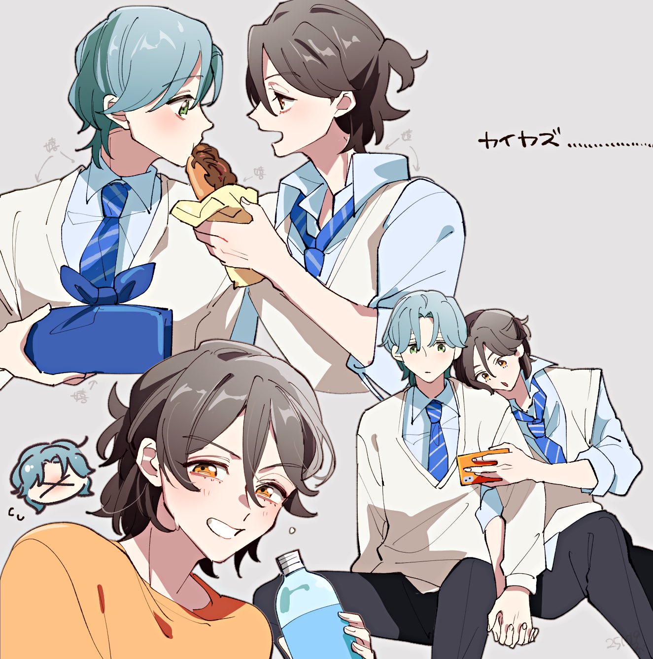 nonoko (nopippichan), hibiki kaito, kimi to idol precure, precure, highres, 2boys, bento, bread, bread slice, brown hair, eating, feeding, food, green hair, grey background, hair between eyes, half updo, holding, holding bento, holding hands, holding phone, jogi (precure), leaning on person, leaning to the side, long sleeves, multiple boys, neck, necktie, open mouth, pants, parted bangs, phone, profile, school, school uniform, short hair, sitting, smile, sweat, sweatdrop, upper body, vest, watching, wrapped bento