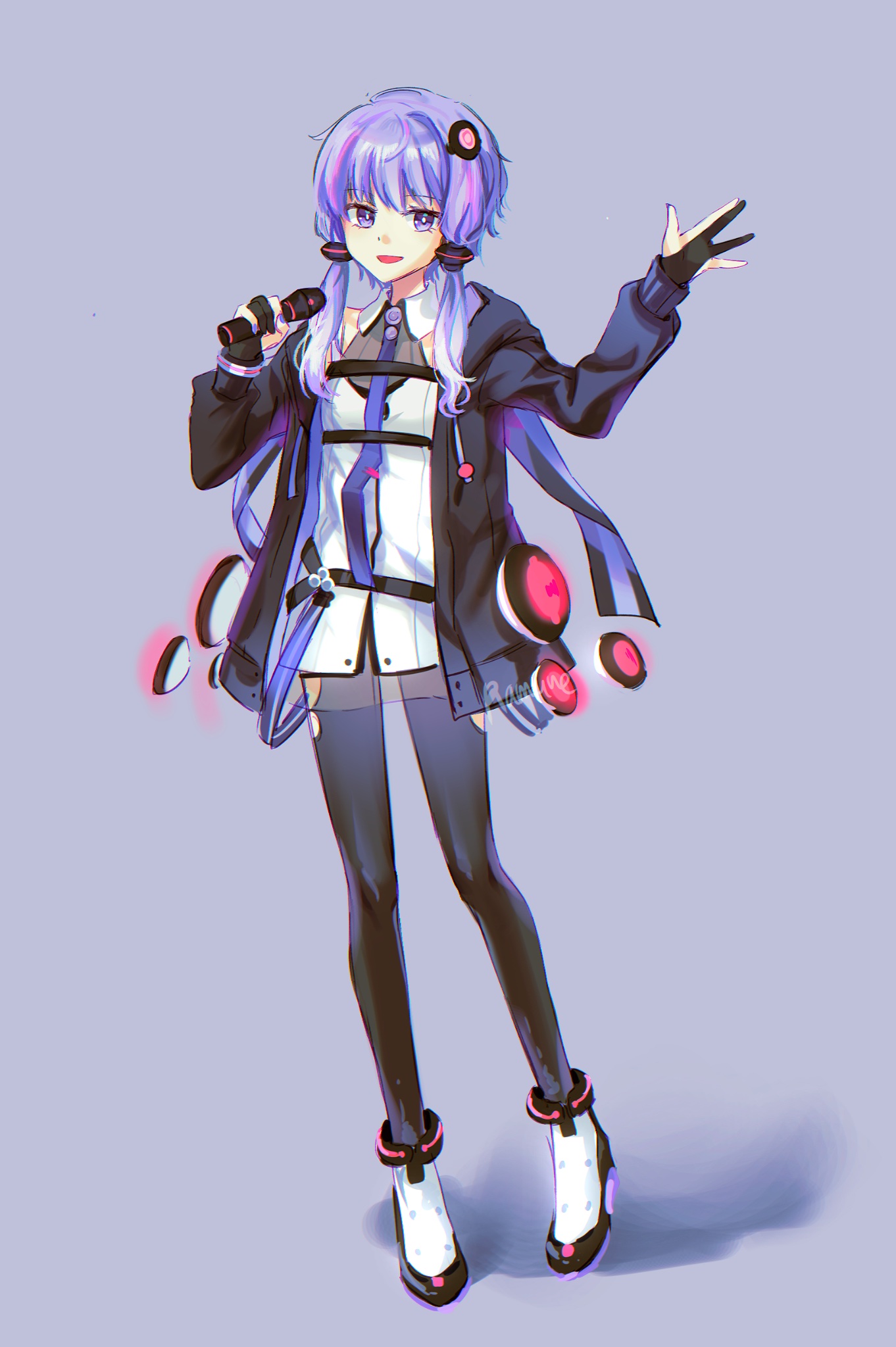 ramune55ni, yuzuki yukari, yuzuki yukari (vocaloid6), vocaloid, hashtag-only commentary, highres, 1girl, :d, ankle boots, artist name, black gloves, black jacket, black pantyhose, boots, breasts, bright pupils, buttons, chromatic aberration, collared dress, colored shoe soles, dress, full body, gloves, grey background, hair between eyes, hair ornament, hands up, holding, holding microphone, jacket, jacket partially removed, long sleeves, looking at viewer, microphone, nail polish, open clothes, open jacket, open mouth, pantyhose, partially fingerless gloves, puffy long sleeves, puffy sleeves, purple eyes, purple hair, purple nails, shadow, short dress, short hair with long locks, simple background, single bare shoulder, sleeveless, sleeveless dress, small breasts, smile, solo, swept bangs, waving, white boots, white dress, white pupils