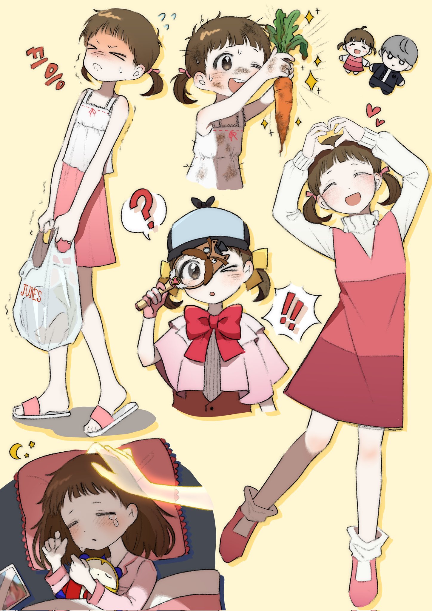 doujima nanako, narukami yu, persona, persona 4, highres, !, > <, 1girl, ?, bag, blush, brown hair, closed eyes, dress, millotic, one eye closed, pillow, short twintails, sleeping, spoken question mark, squiggle, tears, trembling, twintails, zzz