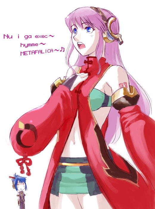 tat, tat (pixiv503522), luca truelywaath, megurine luka, ar tonelico, ar tonelico ii, gust, vocaloid, 1girl, arm tattoo, chibi, chibi inset, cosplay, costume switch, female focus, luca truelywaath (cosplay), megurine luka (cosplay), music, number tattoo, singing, solo, tattoo, white background