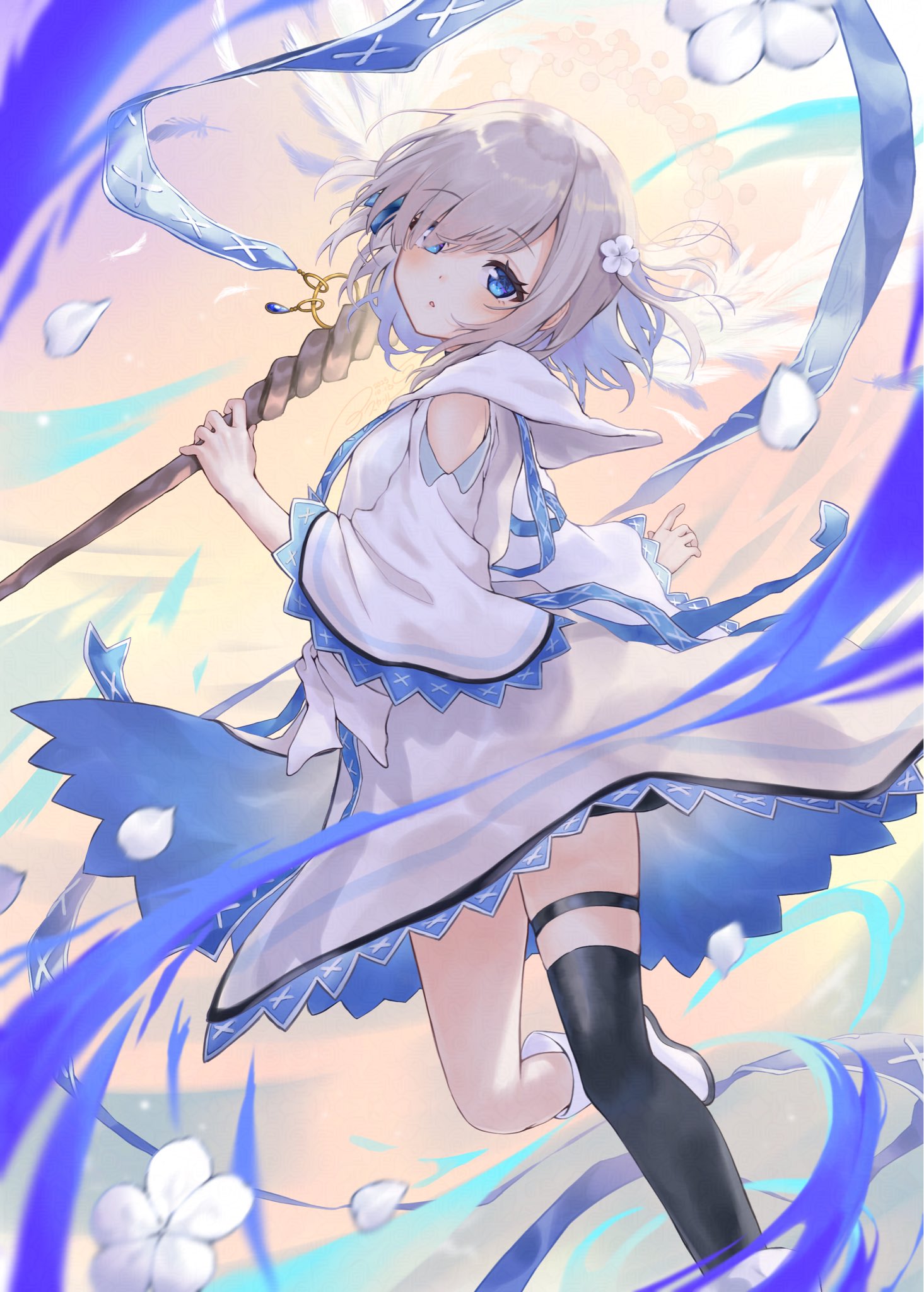 asukaru (magika ru), isuzu ren, mahou shoujo madoka magica, mahou shoujo madoka magica magia exedra, commentary, highres, 1girl, bare shoulders, black thighhighs, blue eyes, blush, boots, dress, flower, foot out of frame, grey hair, hair flower, hair ornament, holding, holding staff, long sleeves, looking at viewer, open mouth, short hair, single thighhigh, solo, staff, standing, standing on one leg, thigh strap, thighhighs, white boots, white dress, wide sleeves