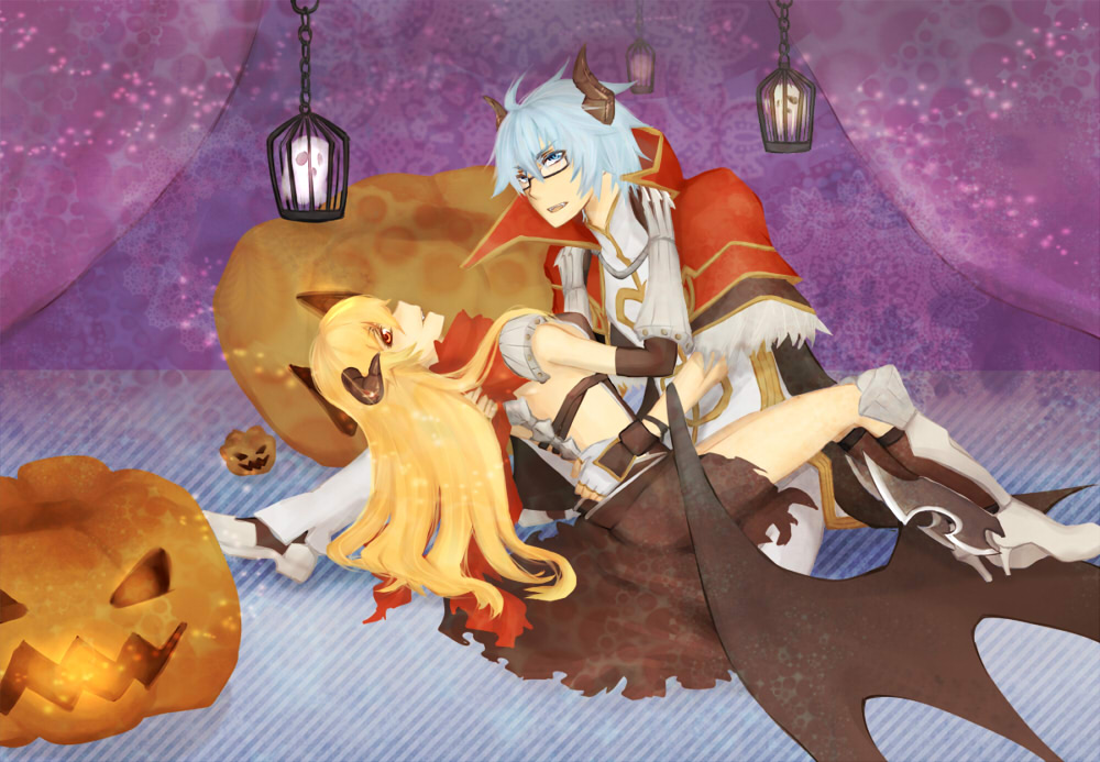 assassin cross (ragnarok online), high wizard (ragnarok online), whisper (ragnarok online), ragnarok online, 1boy, 1girl, black-framed eyewear, blonde hair, blue eyes, blue hair, breasts, brown cape, brown horns, brown leotard, cape, capelet, fingerless gloves, full body, fur-trimmed capelet, fur trim, ghost, glasses, gloves, halloween, hands on another's shoulders, hands on another's waist, horns, jack-o'-lantern, lantern, leotard, long hair, looking at viewer, masago (abyss child), medium breasts, open mouth, pants, pumpkin, red capelet, red eyes, shirt, shoes, short hair, sitting, torn cape, torn clothes, waist cape, white gloves, white pants, white shirt, white shoes