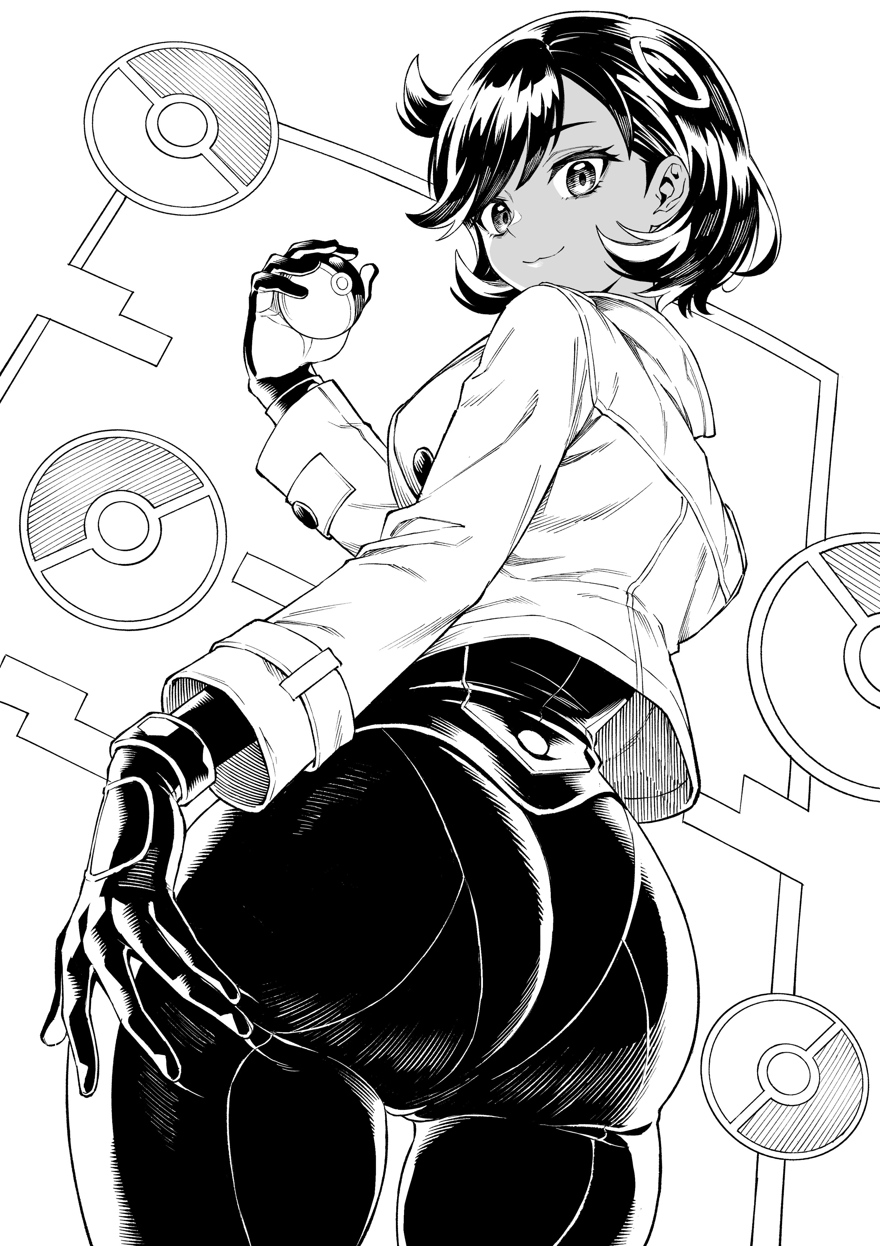 emma (pokemon), nintendo, pokemon, pokemon legends: z-a, absurdres, highres, 1girl, :3, ass, ass focus, ayumuhotaka, black bodysuit, black hair, bodysuit, bodysuit under clothes, dark-skinned female, dark skin, gloves, holding, holding poke ball, jacket, poke ball, poke ball (basic), short hair, smile