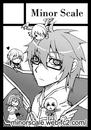 assassin cross (ragnarok online), champion (ragnarok online), high priest (ragnarok online), high wizard (ragnarok online), knight (ragnarok online), comiket 77, ragnarok online, commentary request, lowres, 2girls, 3boys, blindfold, border, circle cut, closed mouth, expressionless, glasses, greyscale, hair between eyes, looking at viewer, masago (abyss child), mini person, miniboy, minigirl, monochrome, multiple boys, multiple girls, short hair, upper body, watermark, web address