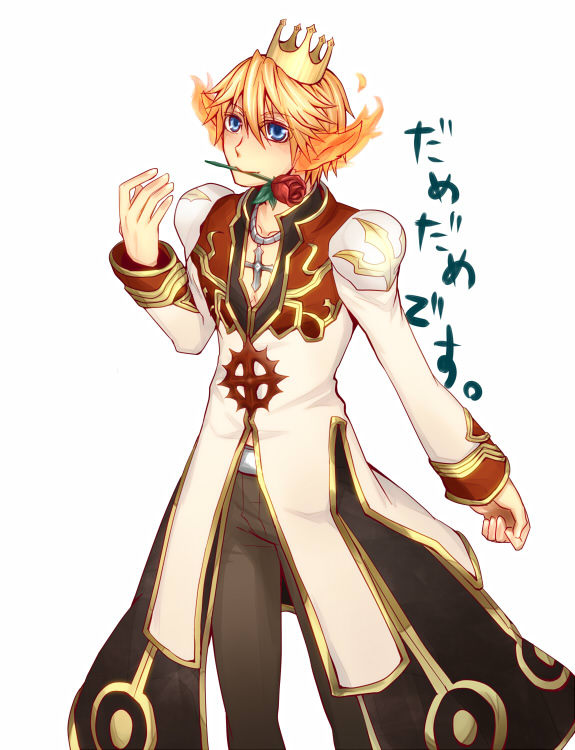 high priest (ragnarok online), ragnarok online, commentary request, translation request, 1boy, black coat, black pants, blonde hair, blue eyes, closed mouth, coat, cross, cross necklace, crown, feet out of frame, fiery wings, flower, flower in mouth, gold trim, hair between eyes, head wings, jewelry, long sleeves, looking at viewer, male focus, masago (abyss child), multicolored coat, necklace, orange wings, pants, red coat, red flower, red rose, rose, short hair, simple background, smile, solo, standing, two-tone coat, white background, white coat, wings