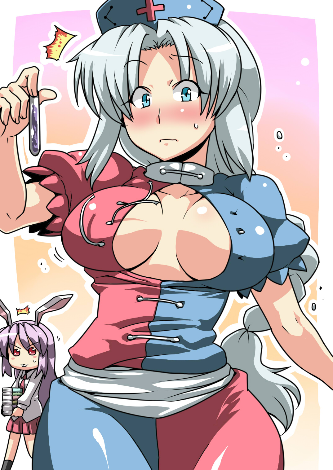 tukiwani, reisen udongein inaba, yagokoro eirin, touhou, silver hair, highres, 2girls, animal ears, blue eyes, blush, breasts, buck teeth, bursting breasts, dress, female focus, gradient background, hat, large breasts, multiple girls, open clothes, open shirt, popped button, rabbit ears, shirt, skirt, teeth, wardrobe malfunction