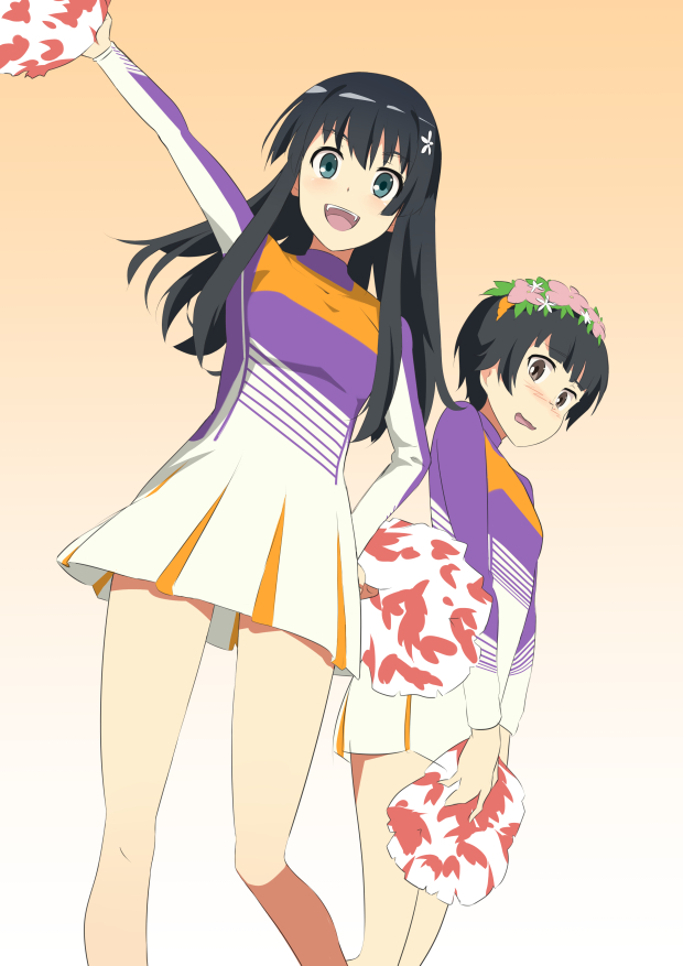 jack-barro, saten ruiko, uiharu kazari, toaru kagaku no railgun, toaru majutsu no index, toaru majutsu no virtual-on, virtual on, commentary, 2girls, :d, arm up, black hair, blue eyes, blush, breasts, brown eyes, cheerleader, dot nose, dress, embarrassed, feet out of frame, flower, flower hairband, flower hairpin, gradient background, hair flower, hair ornament, hairband, hand on own hip, holding, holding pom poms, leaf, light blush, long hair, long sidelocks, long sleeves, looking at viewer, medium breasts, multicolored dress, multiple girls, official alternate costume, open mouth, orange background, pink flower, pleated dress, pom pom (cheerleading), pom poms, short dress, short hair, sidelocks, small breasts, smile, standing, teeth, thighs, tongue, upper teeth only, wavy mouth, white flower