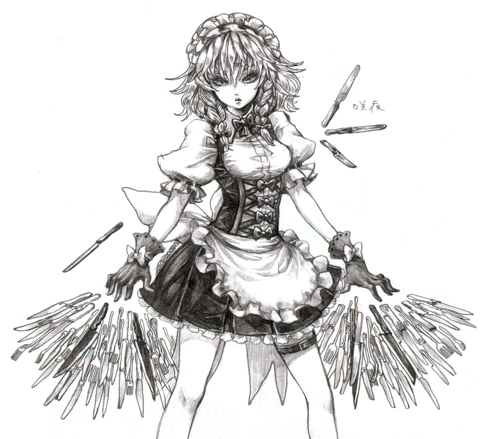 takatora, izayoi sakuya, touhou, bad id, bad pixiv id, graphite (medium), traditional media, 1girl, apron, braid, dress, eyelashes, female focus, floating, floating object, fork, gloves, greyscale, knees, knife, maid, maid apron, maid headdress, monochrome, open mouth, puffy sleeves, ribbon, short dress, short hair, short sleeves, simple background, solo, thigh strap, throwing knife, twin braids, weapon