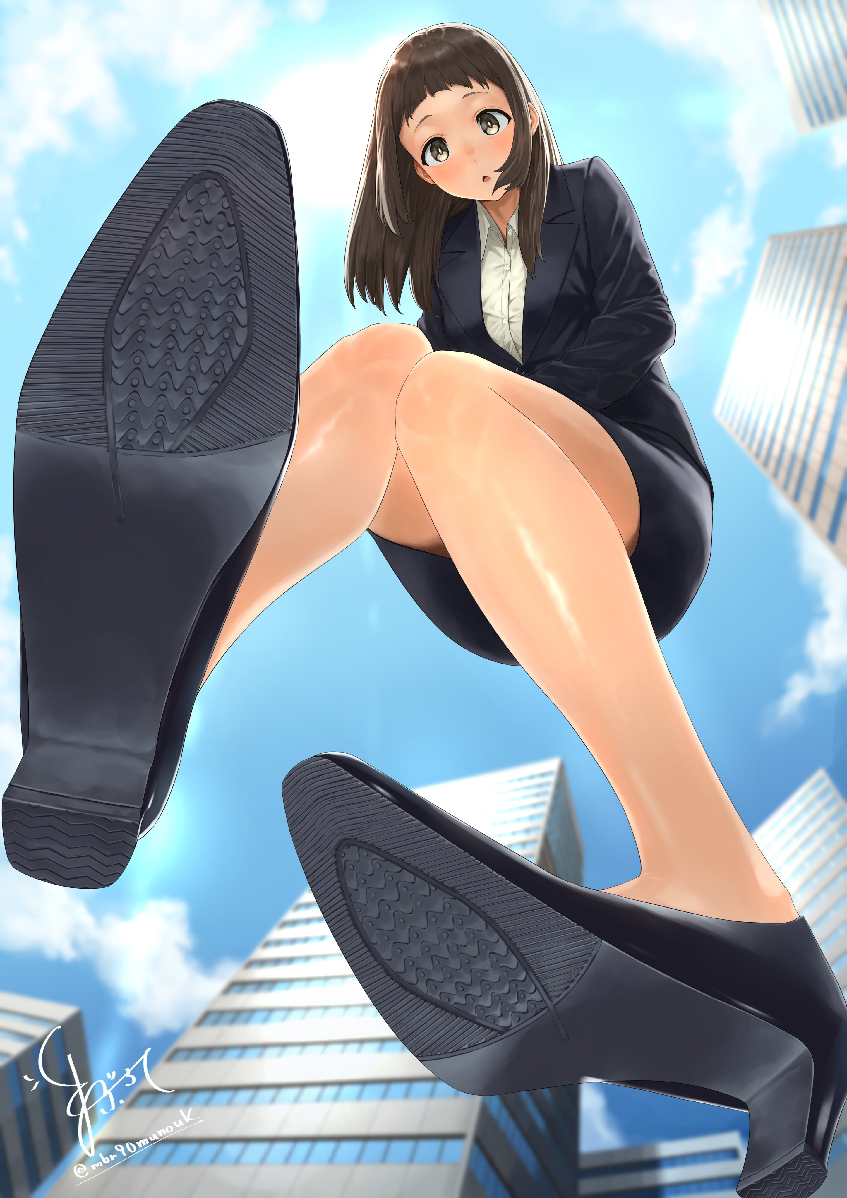 maburoku, original, absurdres, highres, 1girl, :o, black jacket, black shoes, black skirt, blue sky, breasts, brown eyes, brown hair, building, cloud, cloudy sky, collared shirt, from below, high heels, invisible floor, jacket, leaning forward, legs, long hair, looking at viewer, medium breasts, office lady, pumps, raised eyebrows, sheer pantyhose, shirt, shoe soles, shoes, signature, skirt, sky, solo, twitter username, white shirt