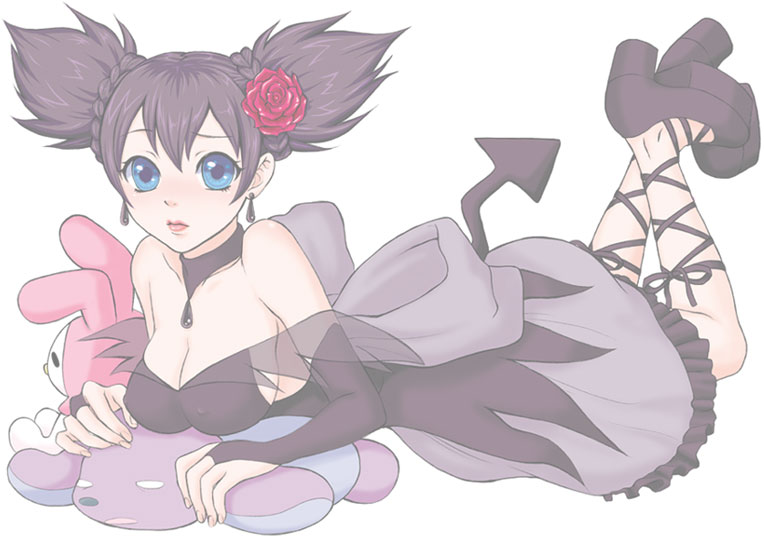 sumitan, kuromi, kurumi nui, onegai my melody, sanrio, platform footwear, 00s, 1girl, black hair, blue eyes, breasts, choker, cleavage, covered erect nipples, dress, earrings, female focus, flower, hair flower, hair ornament, jewelry, large breasts, lipstick, lying, makeup, platform heels, platform shoes, ribbon, shoes, solo, stuffed animal, stuffed toy, twintails