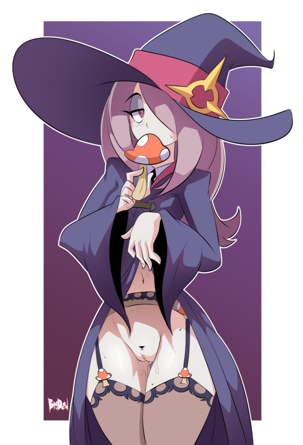 bigdead, sucy manbavaran, little witch academia, highres, garter belt, garter straps, hair over one eye, hat, lingerie, pussy, thighhighs, underwear, witch hat
