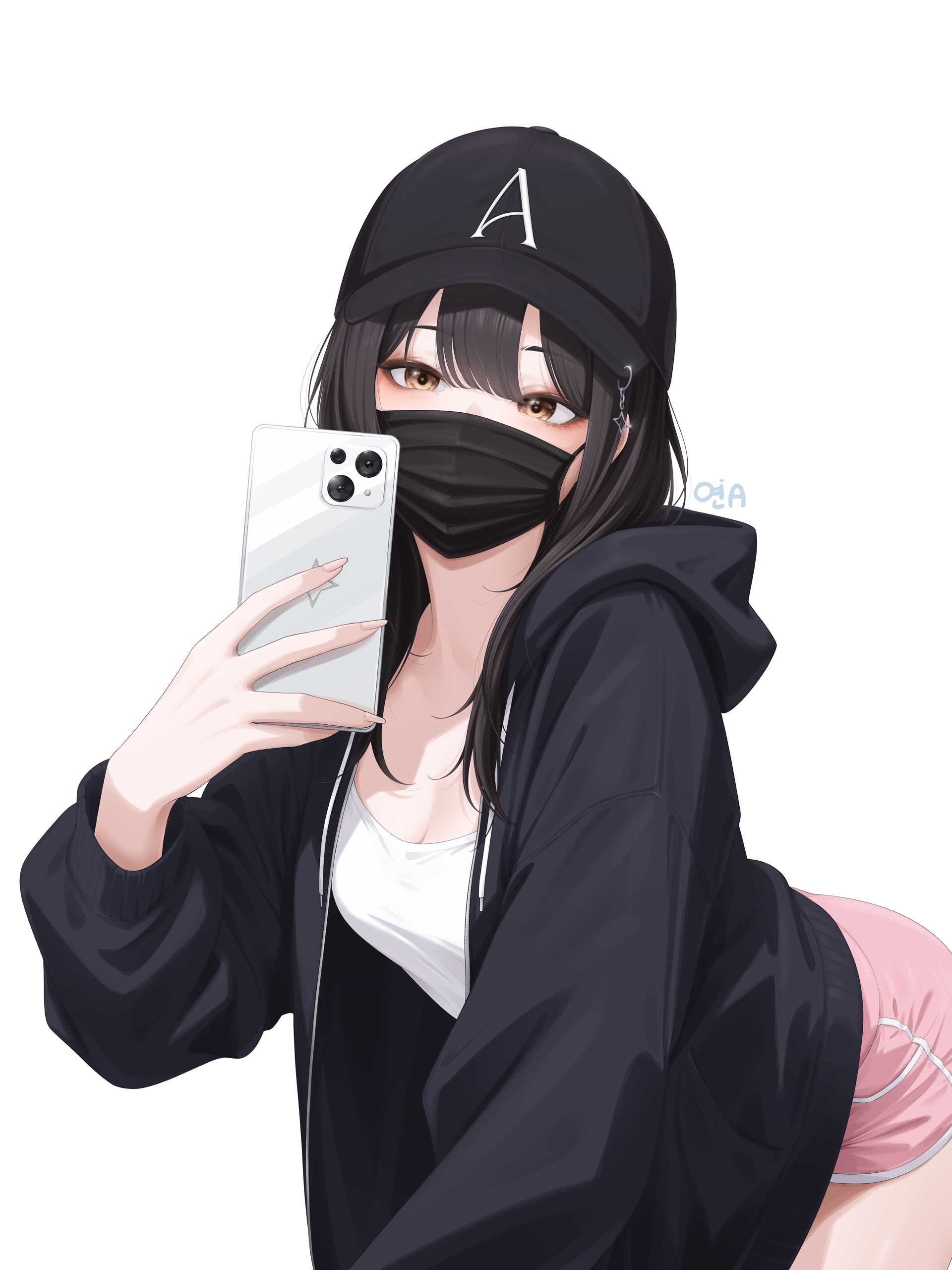 myomomoo, original, absurdres, highres, 1girl, baseball cap, bent over, black hair, black hat, black jacket, breasts, cellphone, cleavage, cowboy shot, dolphin shorts, hat, holding, holding phone, hood, hood down, jacket, long hair, long sleeves, looking at viewer, mask, mouth mask, open clothes, open jacket, phone, pink shorts, shirt, short shorts, shorts, simple background, small breasts, smartphone, solo, white background, white shirt, yellow eyes