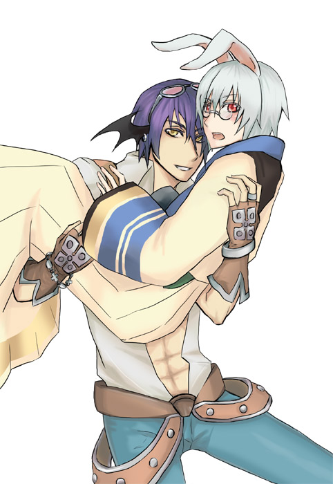 blacksmith (ragnarok online), soul linker (ragnarok online), ragnarok online, commentary request, abs, animal ears, belt, black wings, blue pants, brown belt, brown gloves, carrying, collared shirt, eyewear on head, feet out of frame, fingerless gloves, gloves, grey hair, grin, hanbok, head wings, jewelry, korean clothes, long sleeves, looking at viewer, masago (abyss child), open mouth, pants, princess carry, purple hair, rabbit boy, rabbit ears, red eyes, ring, shirt, short hair, short sleeves, simple background, smile, white background, white hanbok, white shirt, wide sleeves, wings