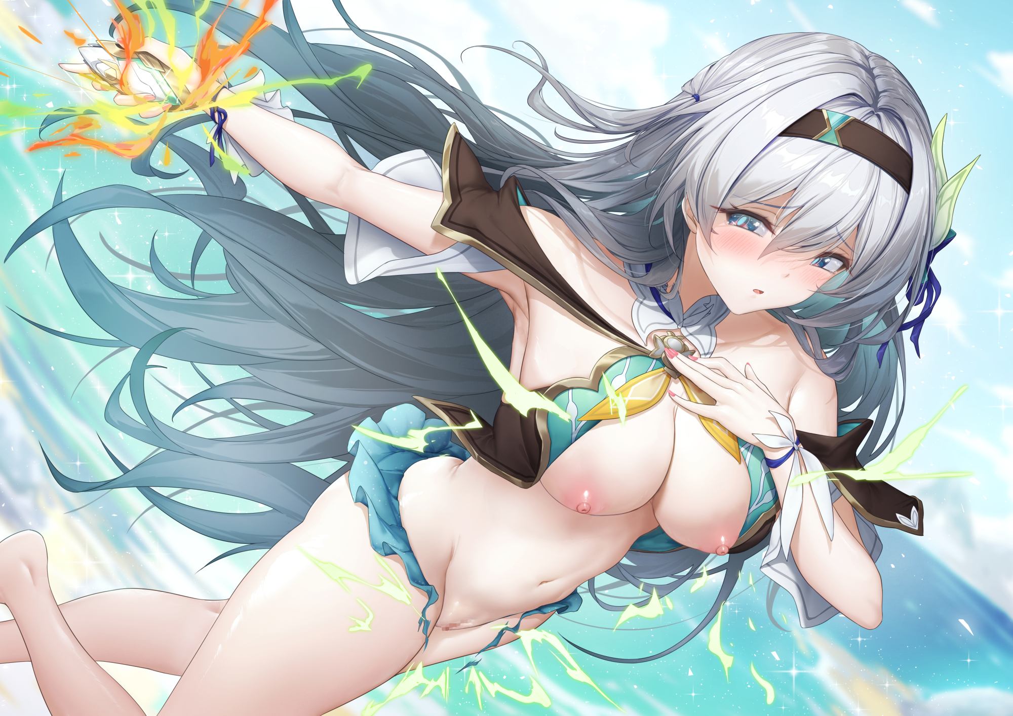 xfate, firefly (honkai: star rail), honkai: star rail, honkai (series), commentary, highres, 1girl, alternate costume, bare legs, bikini, black bikini, black hairband, black jacket, blue eyes, breasts, cleavage, groin, hair between eyes, hair intakes, hair ornament, hairband, hand on own chest, henshin pose, jacket, large breasts, legs, long hair, looking at viewer, multicolored bikini, multicolored eyes, nail polish, navel, nipples, open clothes, open jacket, open mouth, pink eyes, pink nails, pussy, smile, solo, stomach, swimsuit, white bikini, white hair