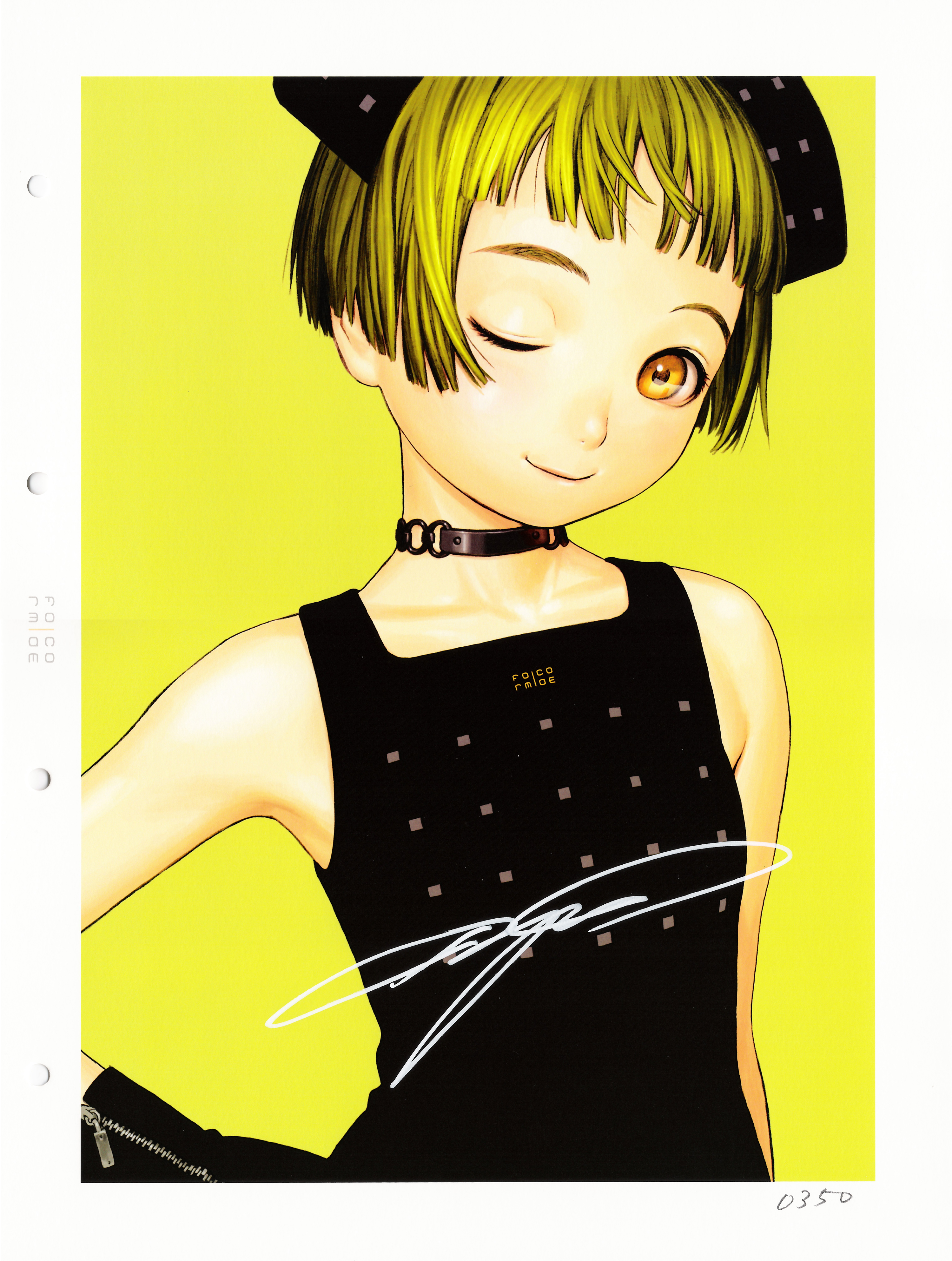 murata range, form code, absurdres, highres, scan, bare shoulders, blonde hair, bob cut, choker, dress, flat chest, gloves, hair ornament, hand on own hip, hip focus, one eye closed, short hair, smile, solo, wink, yellow eyes, zipper