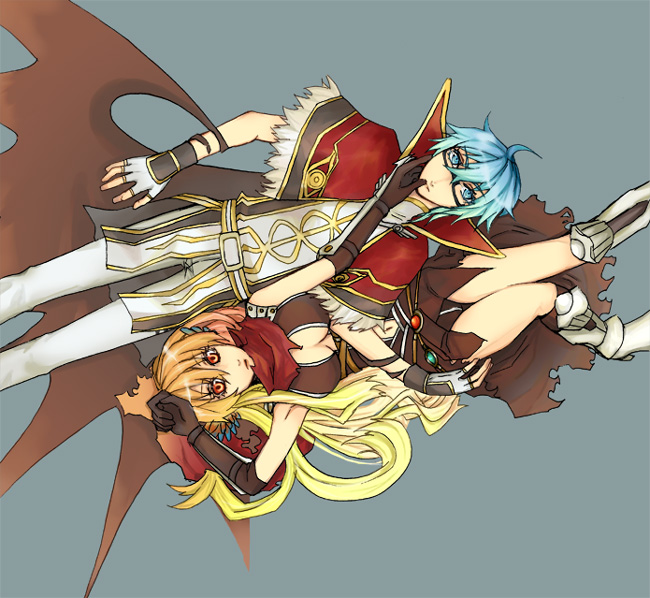 assassin cross (ragnarok online), high wizard (ragnarok online), ragnarok online, commentary request, 1boy, 1girl, armored boots, armpits, black-framed eyewear, blonde hair, blue eyes, blue hair, boots, breasts, brown cape, brown gloves, brown leotard, cape, capelet, closed mouth, elbow gloves, expressionless, feet out of frame, fingerless gloves, fur-trimmed capelet, fur trim, glasses, gloves, grey background, hand on another's cheek, hand on another's face, leotard, long hair, looking at viewer, lying, masago (abyss child), medium breasts, on back, orange eyes, pants, red capelet, shirt, short hair, simple background, torn cape, torn clothes, waist cape, white gloves, white pants, white shirt