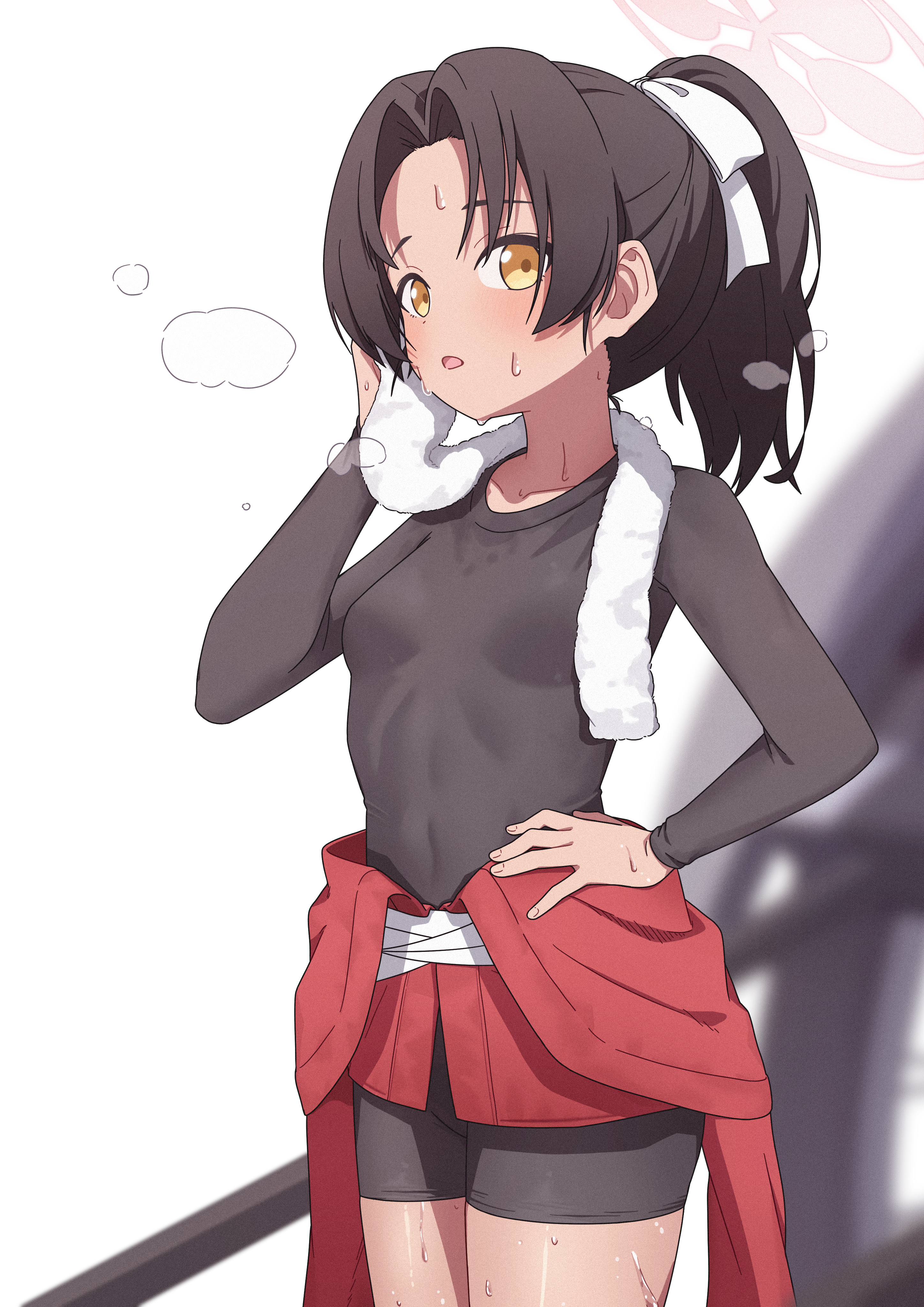 rickshaw student (blue archive), blue archive, absurdres, commentary, highres, symbol-only commentary, 1girl, bike shorts, black hair, breasts, cowboy shot, curtained hair, fuhao10708, hand on own hip, long sleeves, looking at viewer, parted lips, ponytail, short hair, sideways glance, small breasts, solo, sweat, towel, towel around neck, wiping sweat, yellow eyes