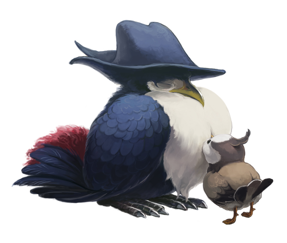 tochimiki (toichi), toichi, toichi (pixiv), honchkrow, starly, nintendo, pokemon, animal focus, between breasts, bird, breasts, feathers, fedora, gen 4 pokemon, hat, no humans, pokemon (creature), realistic, simple background, sleeping, white background