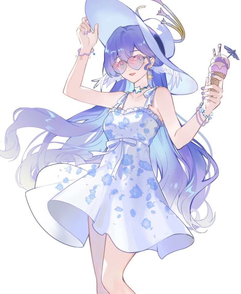 saru youichi, robin (honkai: star rail), honkai: star rail, honkai (series), hashtag-only commentary, 1girl, alternate costume, aqua eyes, arm up, bare shoulders, bracelet, choker, dress, earrings, feathered wings, floral print, floral print dress, food, hair between eyes, halo, hand on headwear, hand up, hat, head wings, heart, heart-shaped eyewear, holding, holding ice cream cone, ice cream, ice cream cone, jewelry, long hair, looking at viewer, multiple scoops, nail polish, open mouth, pink-tinted eyewear, print dress, purple hair, purple nails, simple background, sleeveless, sleeveless dress, smile, solo, star (symbol), star bracelet, star choker, sun hat, sundress, sunglasses, tinted eyewear, white background, white dress, white hat, white wings, wings