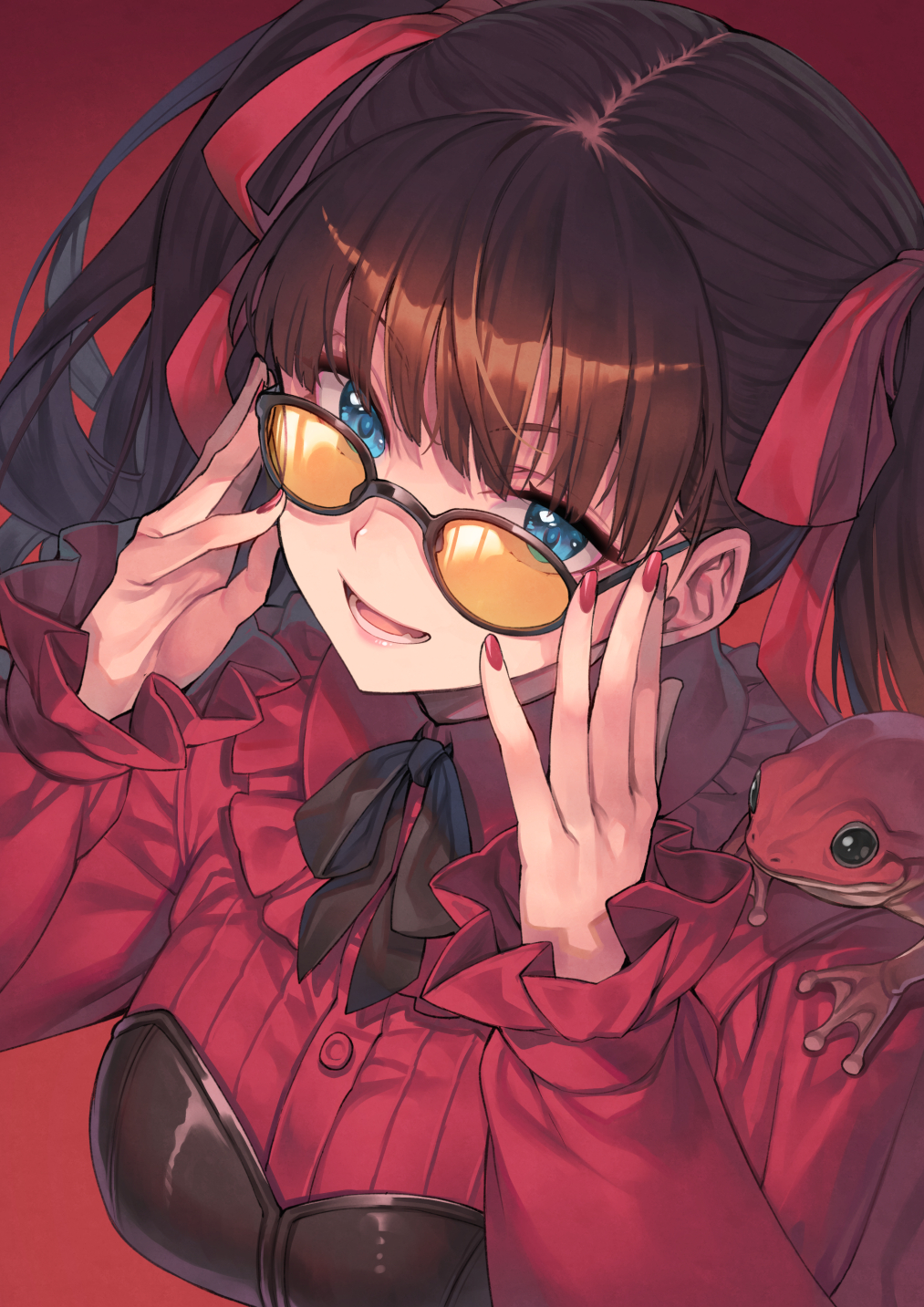 hagure keg, original, commentary request, highres, 1girl, animal, black-framed eyewear, black ribbon, blue eyes, breasts, brown hair, fingernails, frog, glasses, gradient background, hair ribbon, long sleeves, looking at viewer, medium breasts, nail polish, neck ribbon, open mouth, red background, red nails, red ribbon, red shirt, ribbon, shirt, tinted eyewear, twintails, upper body, yellow-tinted eyewear